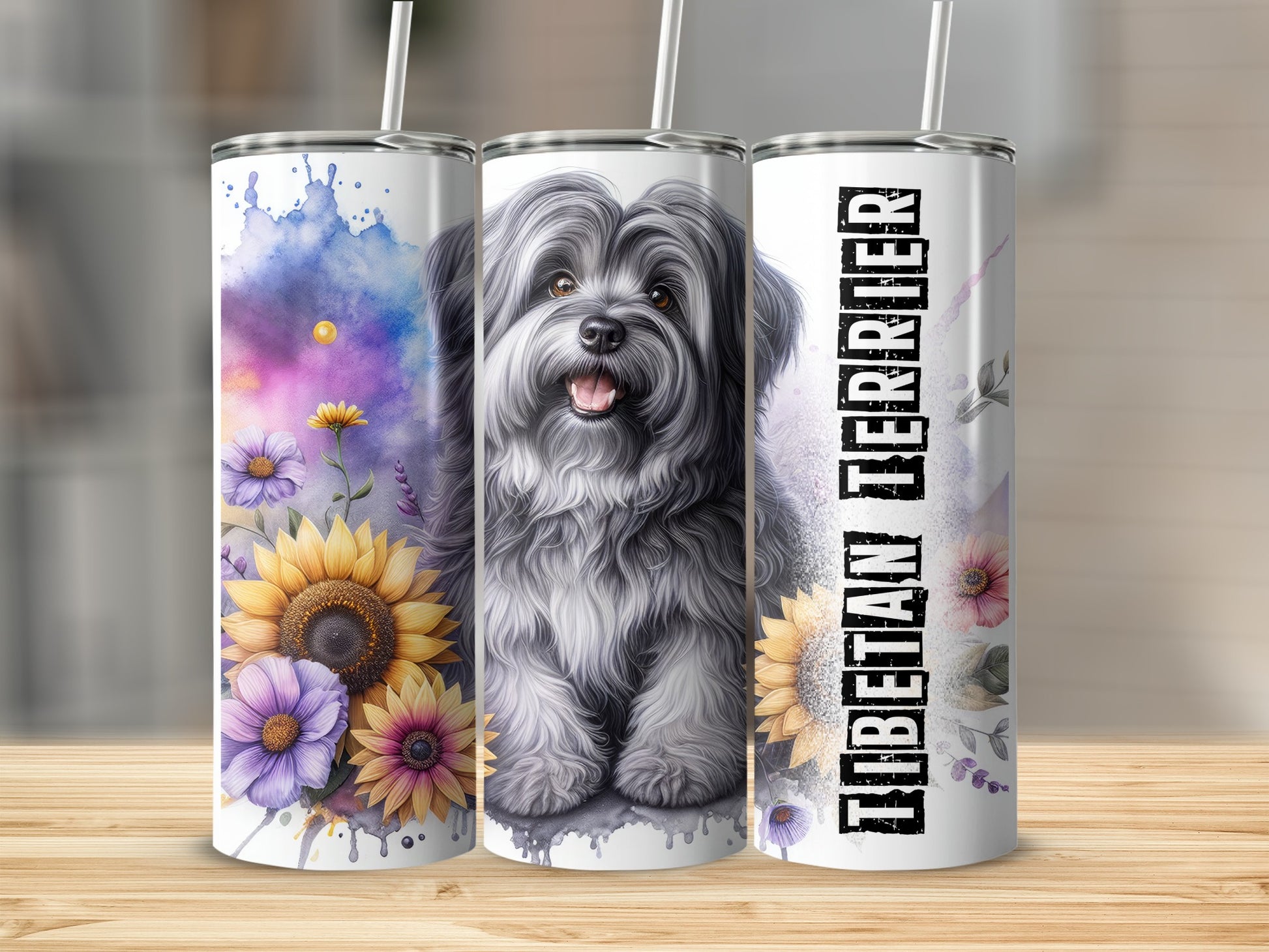 Three skinny tumblers with a fluffy dog and floral designs.
