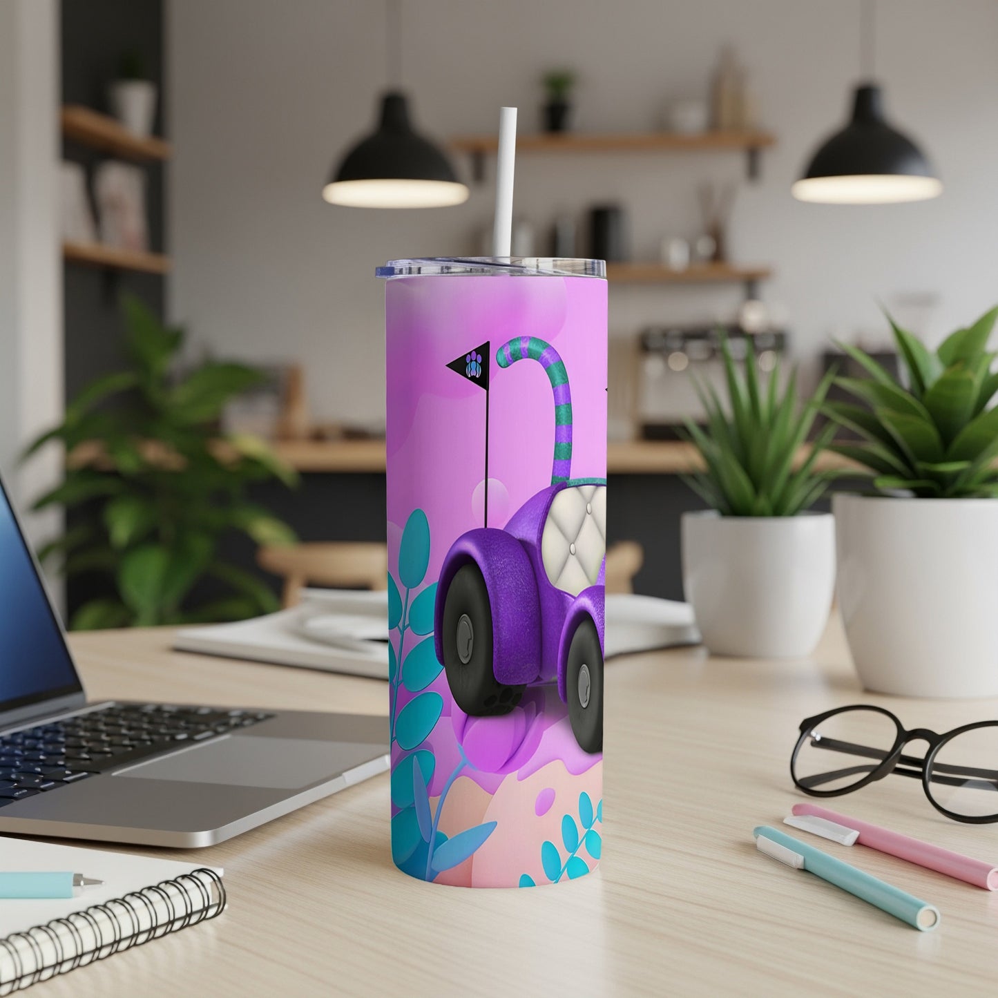 Purple cartoon car with leafy plants on a pink travel tumbler.