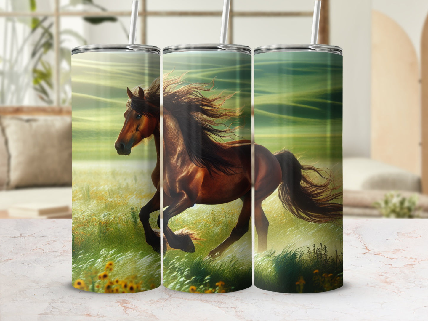 Tumbler with a running horse in a grassy field.