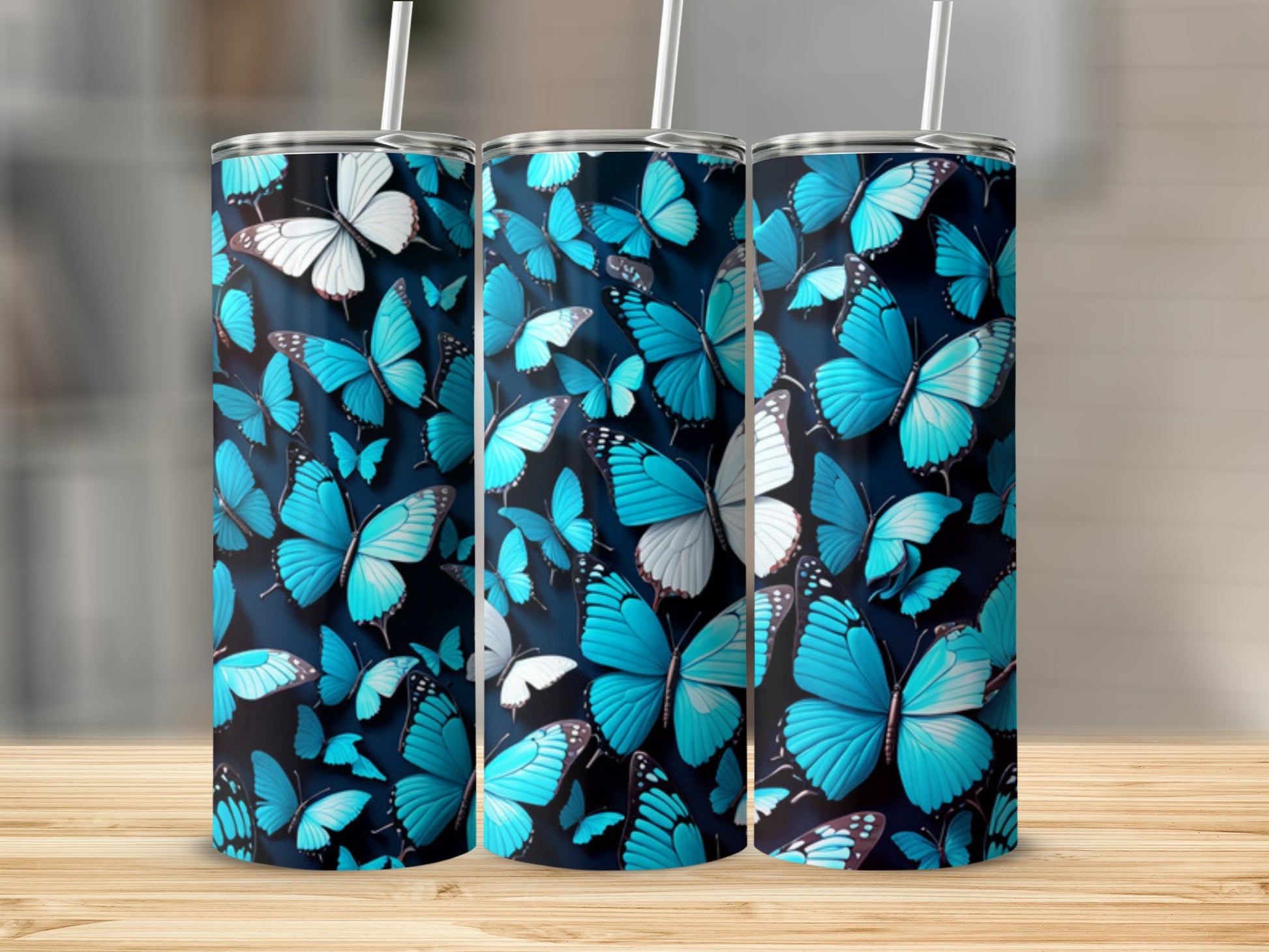Blue and white butterflies cover a tumbler with a wood grain background.