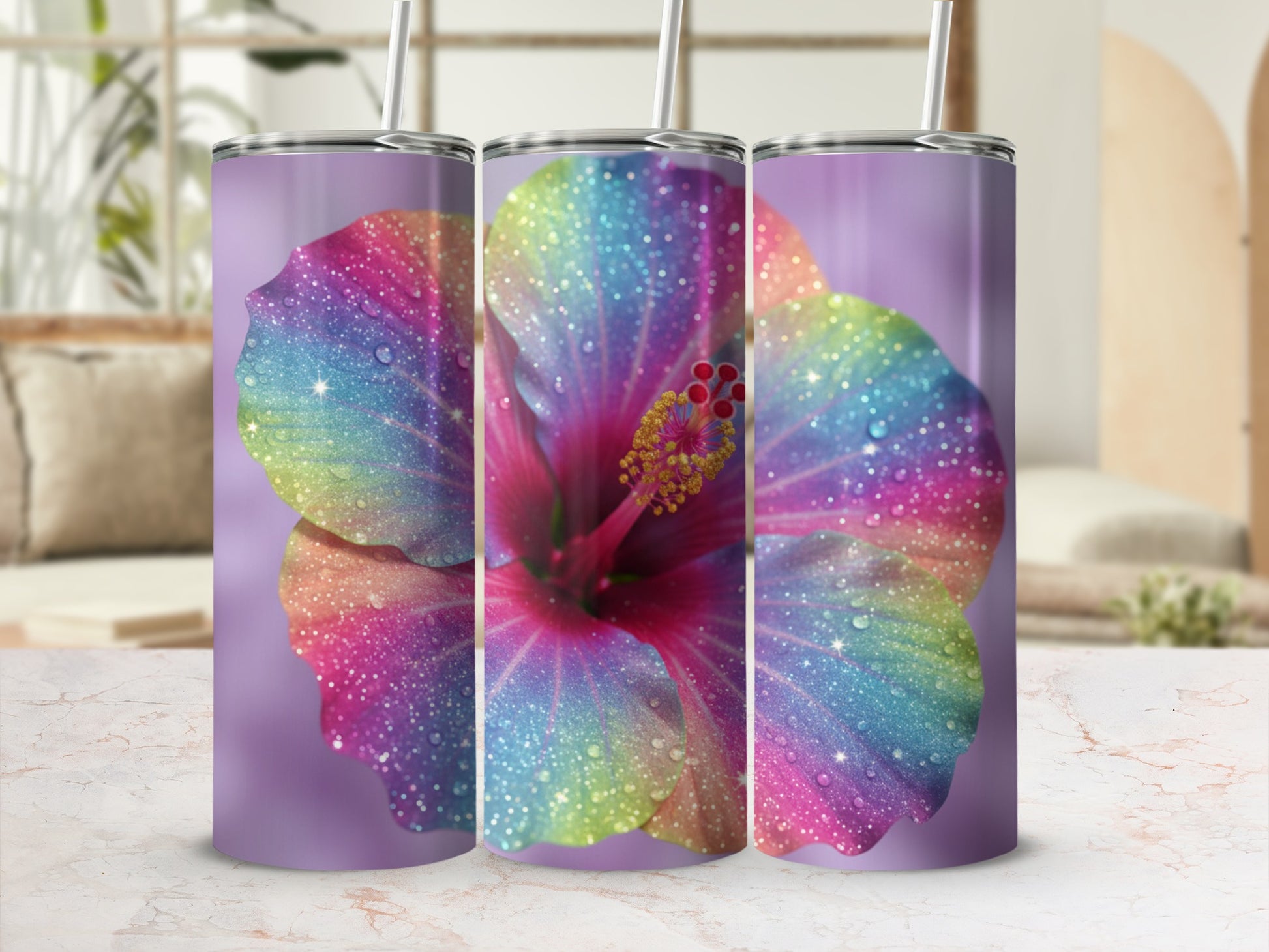 Colorful Glitter Rainbow Flower Tumbler Cup