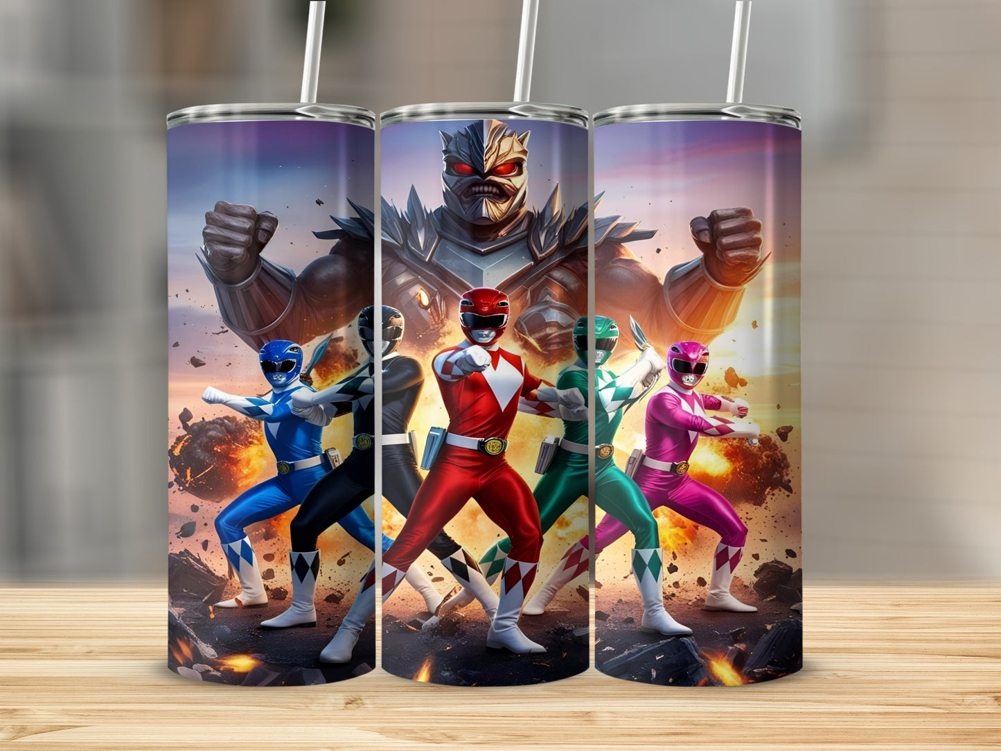 Power Rangers in action with villain in background.