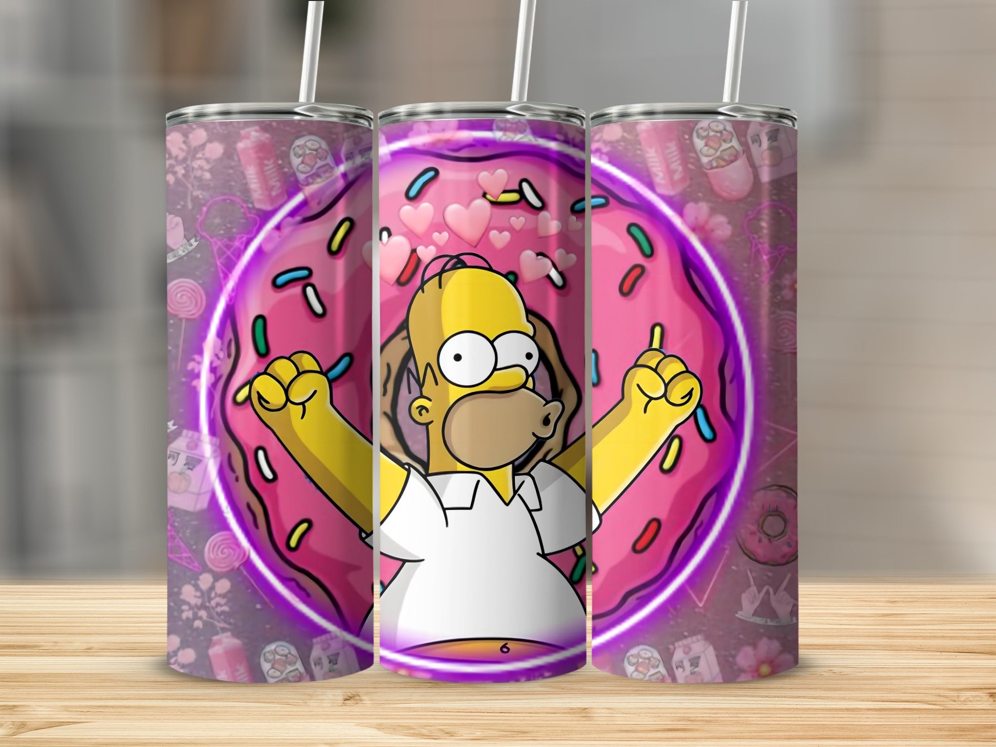 Colorful Homer Simpson Tumbler Design with Donut Background