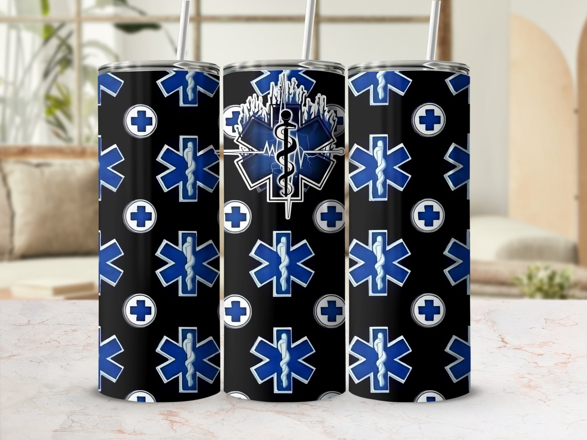 Blue and Black Medical Themed Travel Tumbler Cup