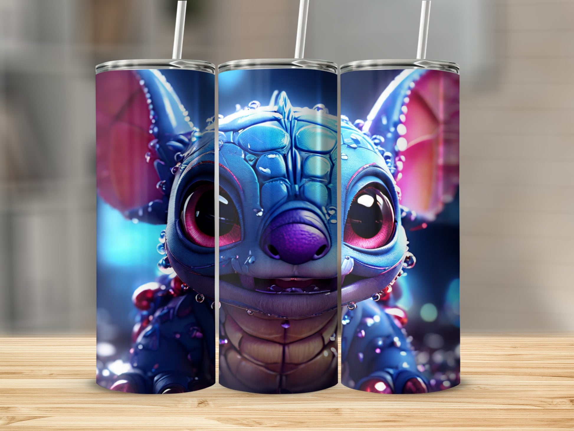 Blue cartoon character with large eyes and pink wings on a tumbler.