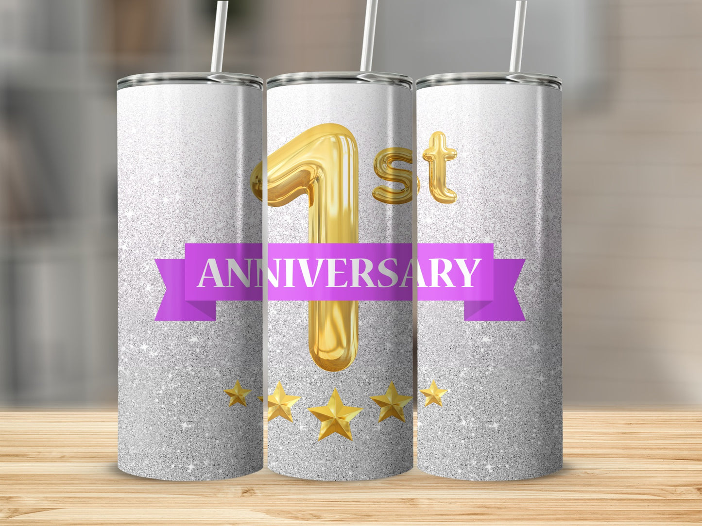 Tall tumbler with "1st Anniversary" text, gold stars, and glitter background.