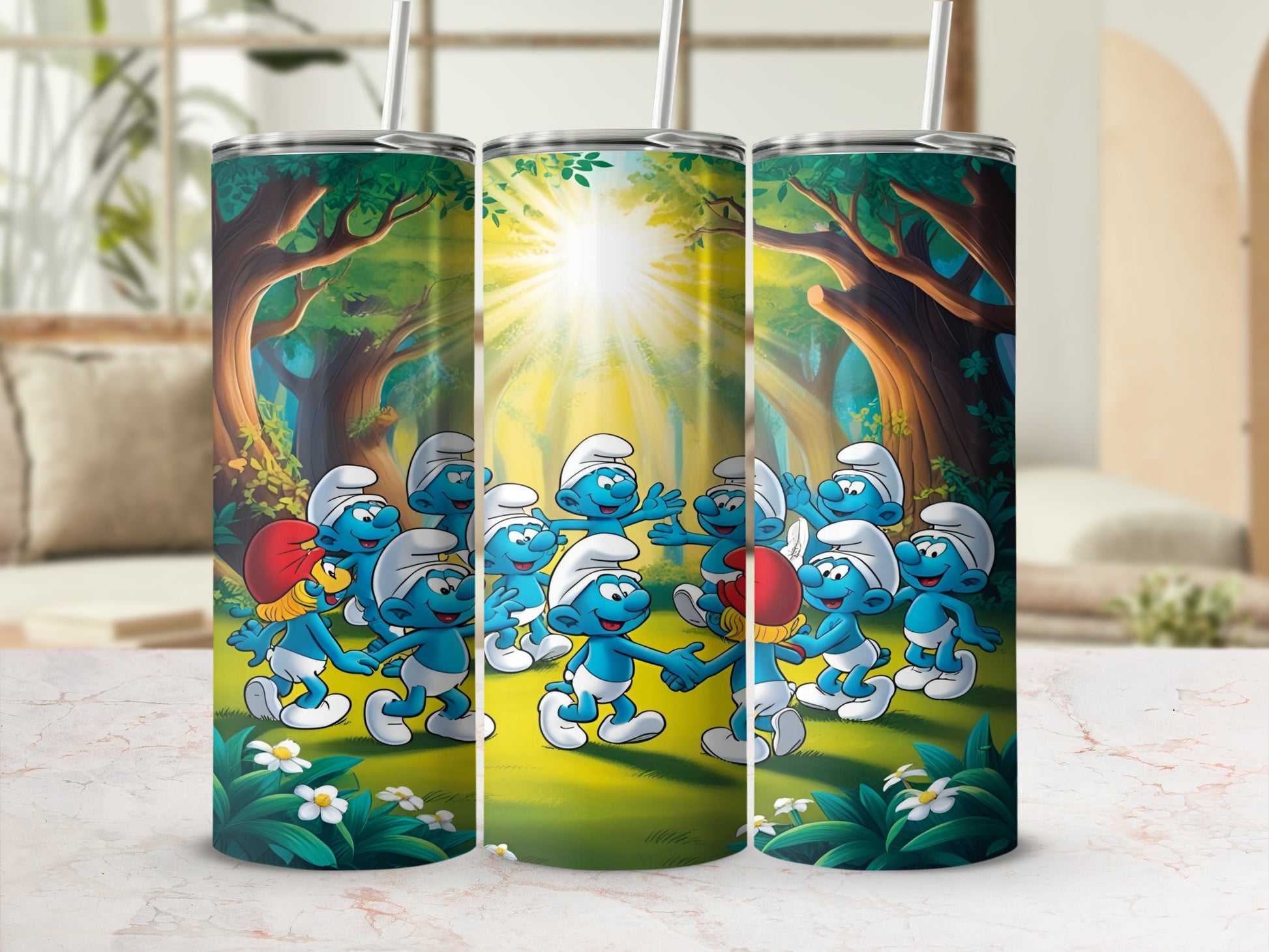 Smurfs dancing in a sunlit forest clearing.