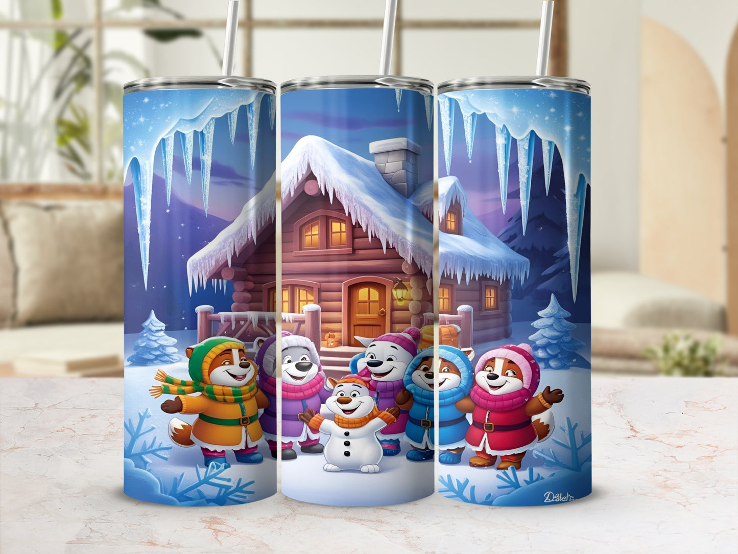 Cartoon animals in winter clothing standing in front of a snow-covered cabin.
