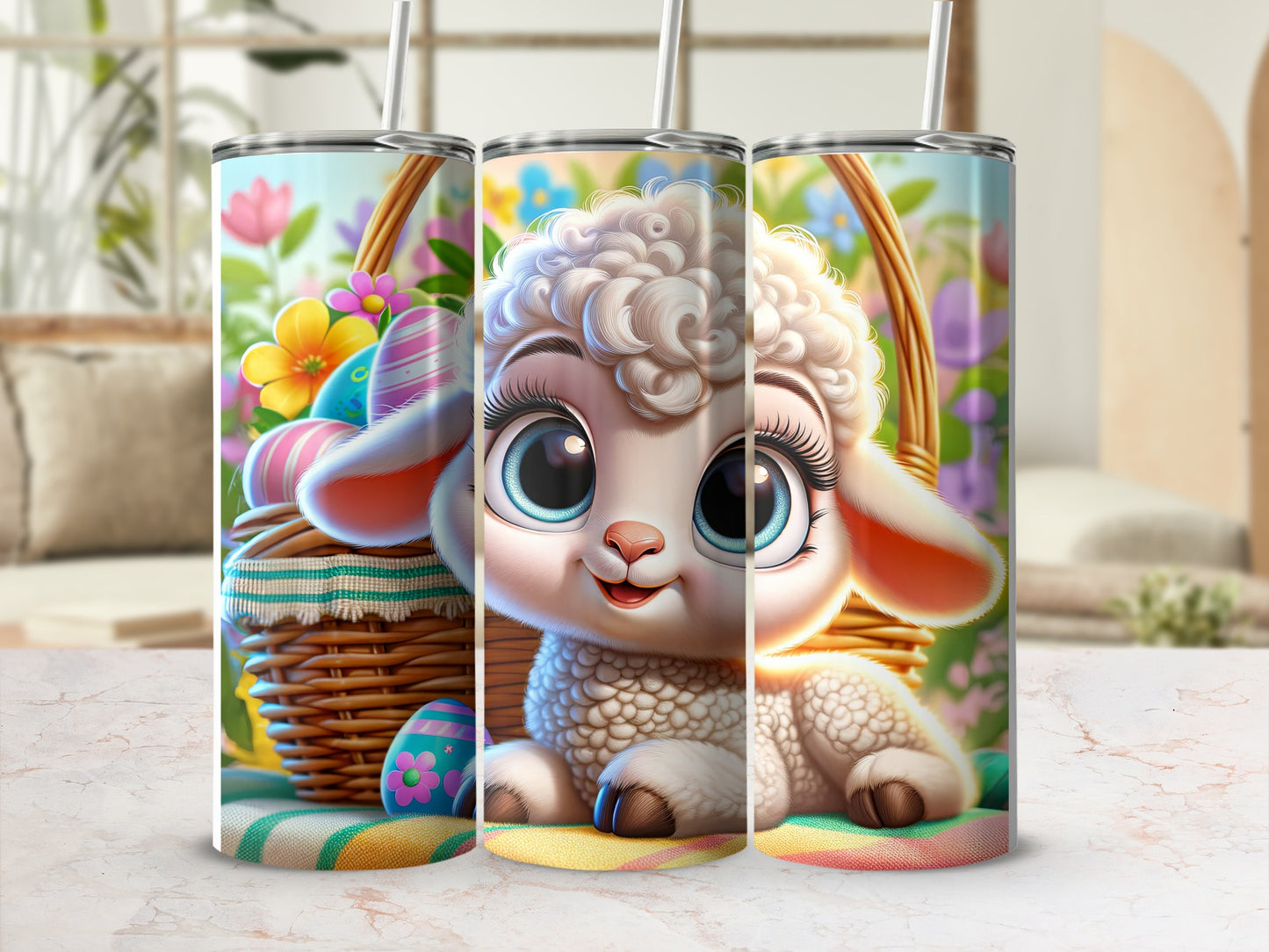 Cute cartoon lamb with Easter eggs in a basket, on a pastel background.