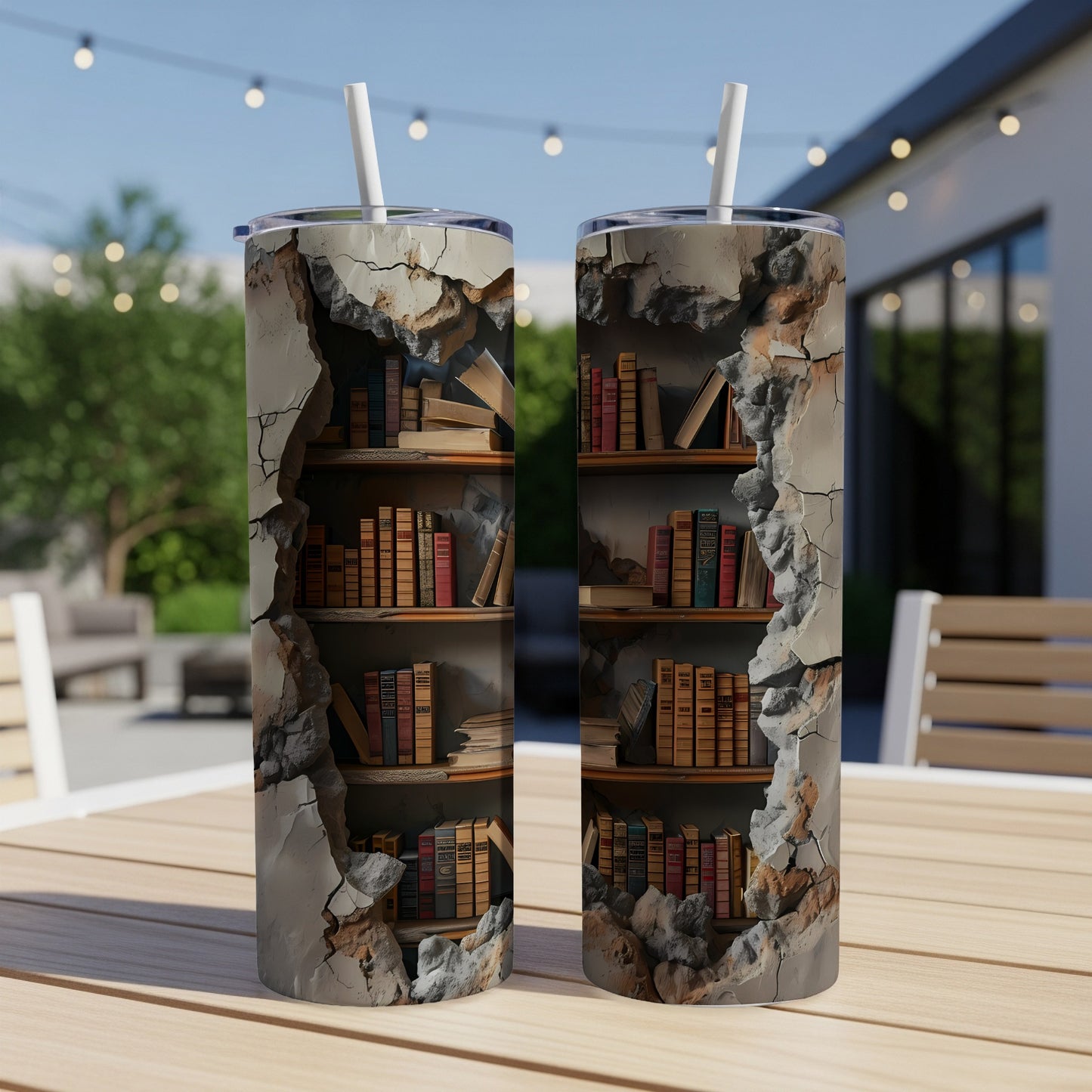 Two tall tumblers with cracked plaster revealing bookshelves filled with old books.