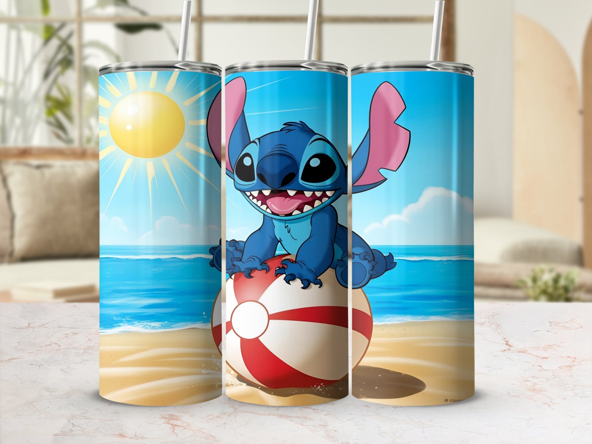 Stitch character sitting on a beach ball with ocean and sun background.