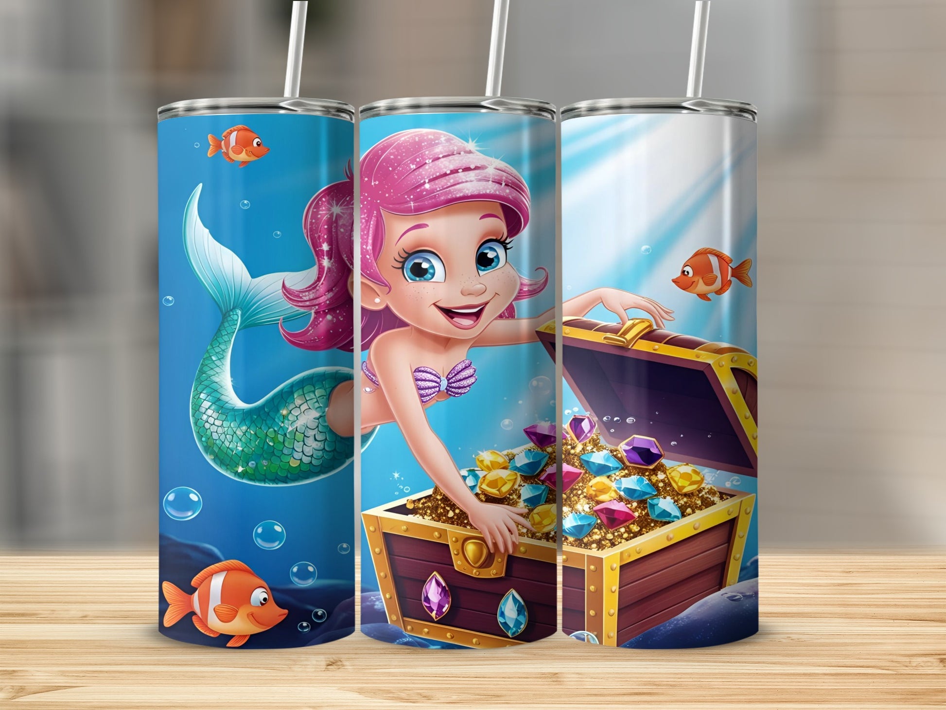 Mermaid holding treasure chest overflowing with jewels and two fish.