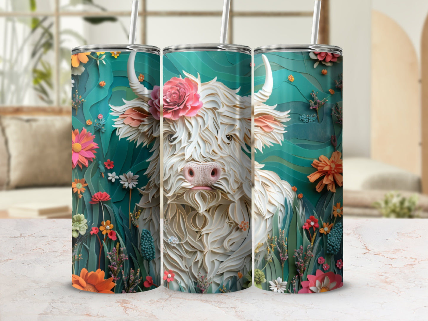 White Highland cow with floral accents on a teal background.