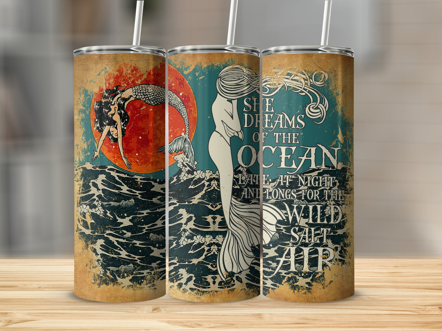 Mermaid with text "She Dreams of the Ocean Late at Night and Longs for the Wild Salt Air".