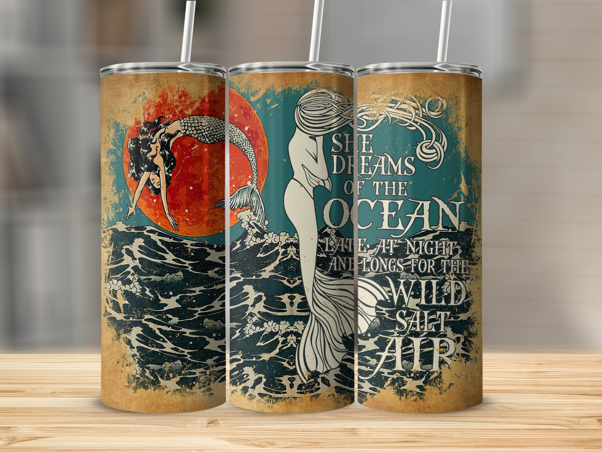 Mermaid with text "She Dreams of the Ocean Late at Night and Longs for the Wild Salt Air".