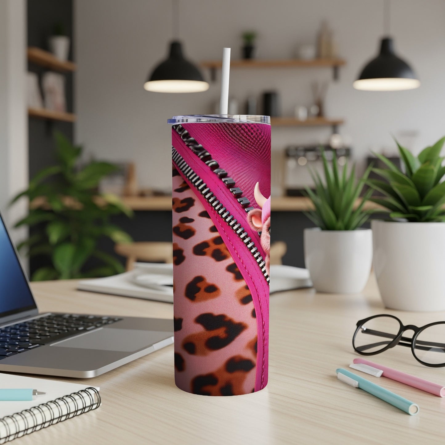 Pink leopard print tumbler with pink zipper and straw on a desk.