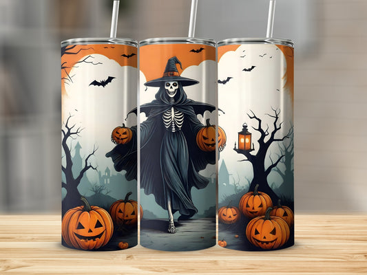 Skeleton in witch hat holding pumpkins, with bats and spooky landscape.