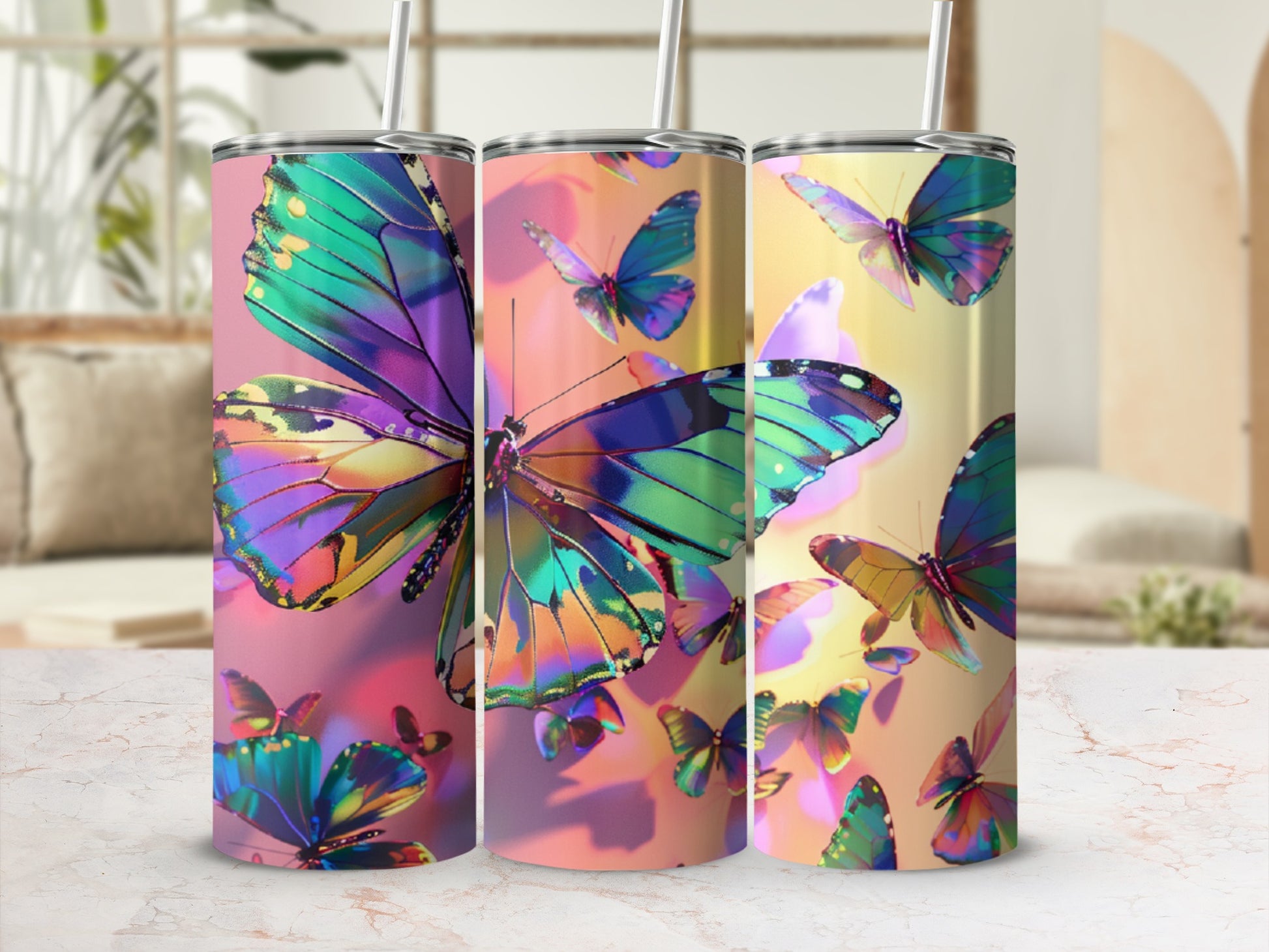 Tumbler with iridescent butterfly wings design and straw.