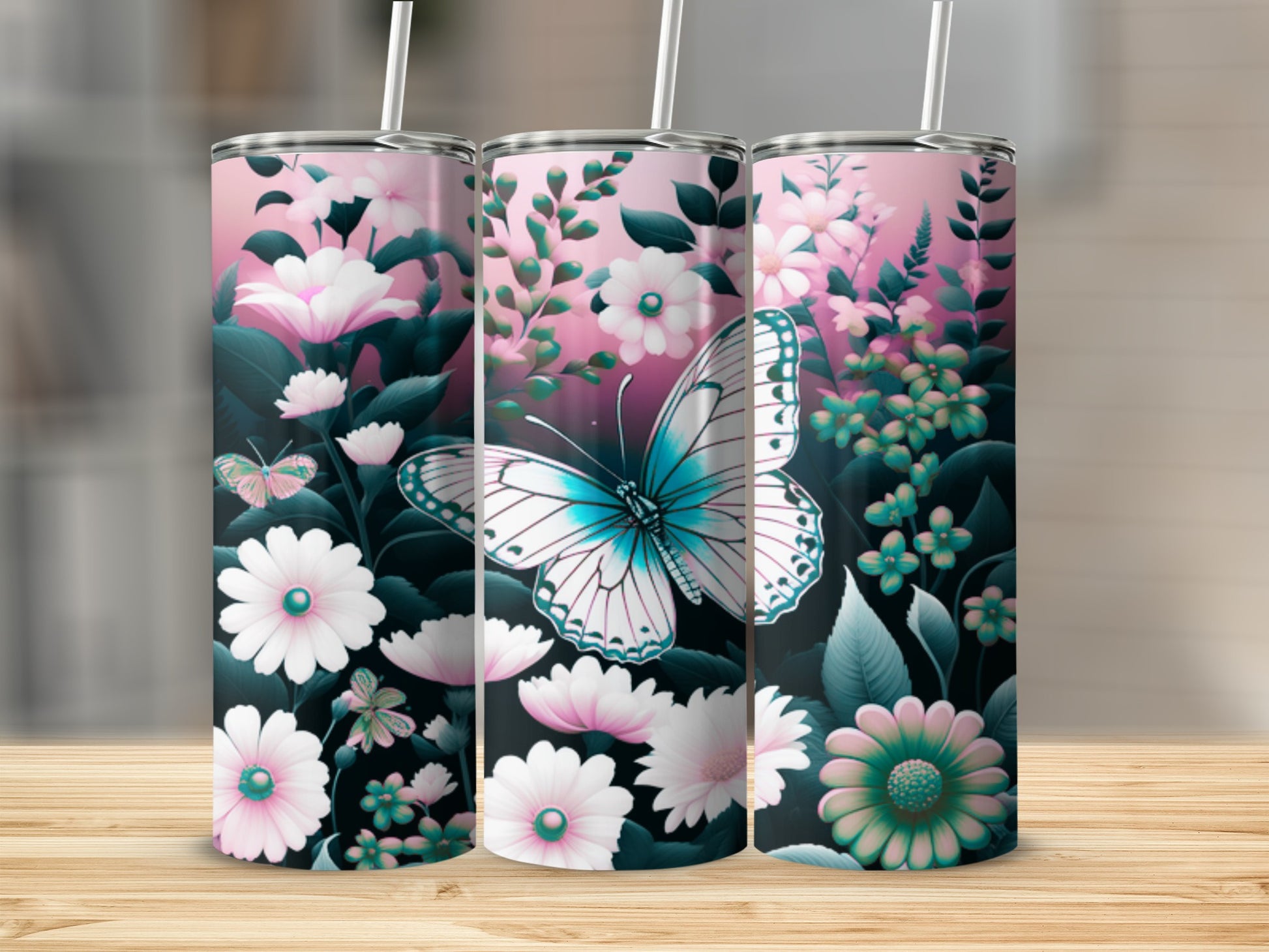 Tall tumbler with pink floral design and white butterfly.