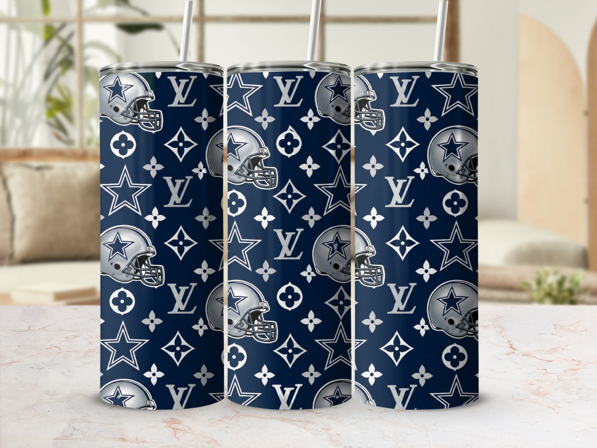 Three tumblers with a Dallas Cowboys helmet and LV pattern design.