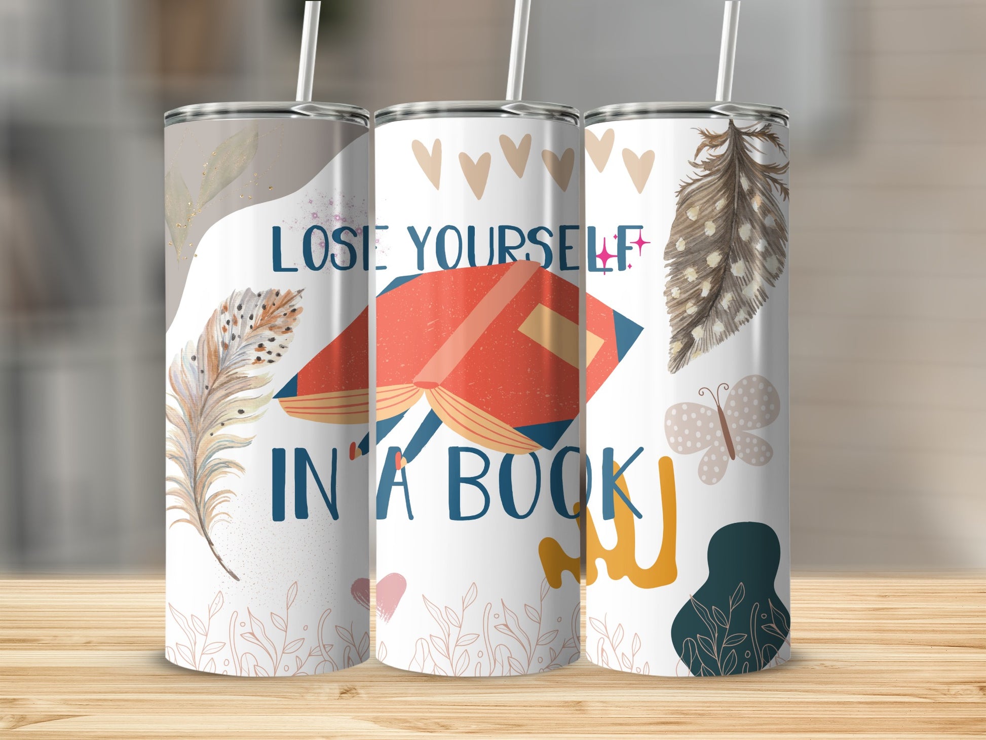 Lose Yourself In A Book Tumbler with Feather Design