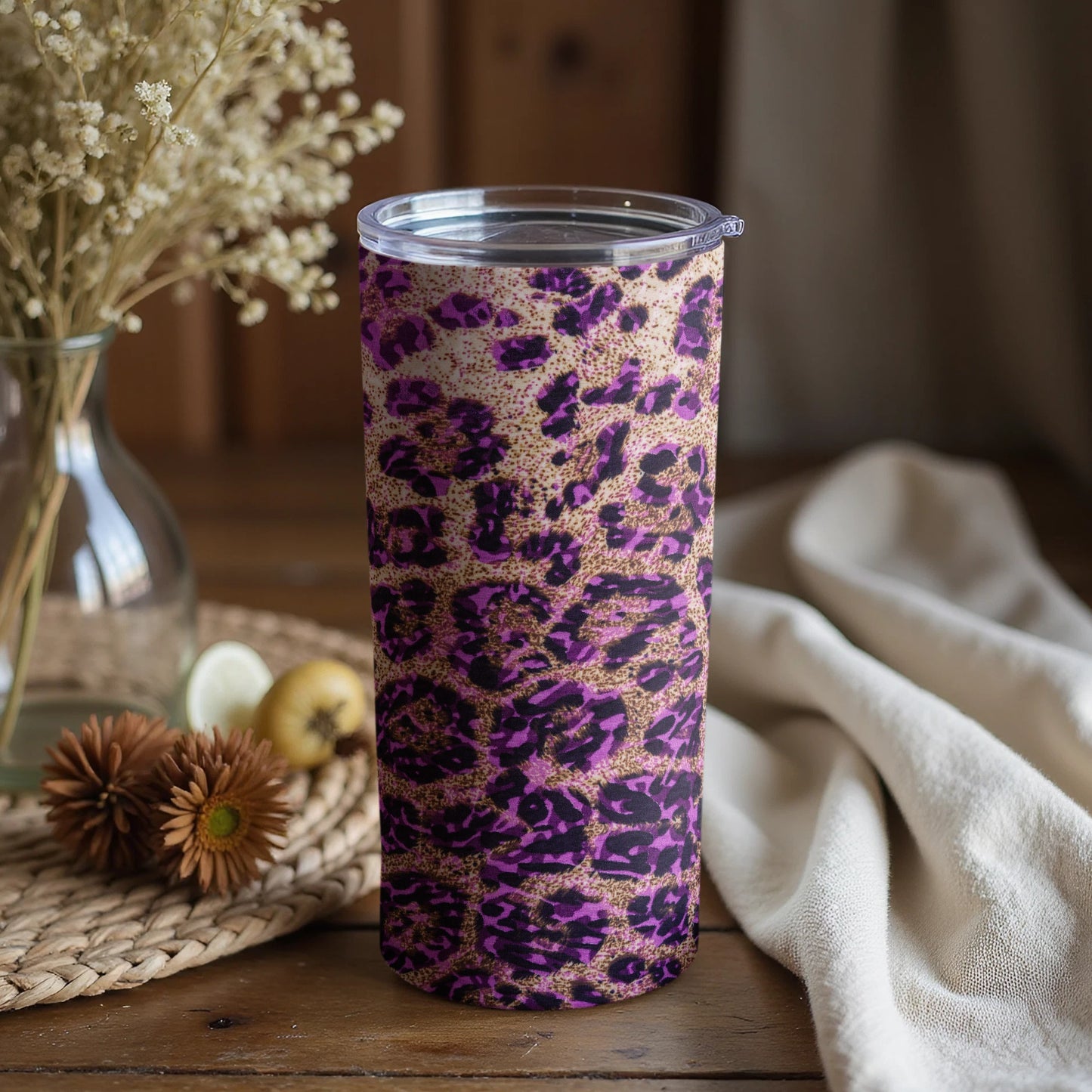 Purple and Gold Leopard Print Travel Tumbler