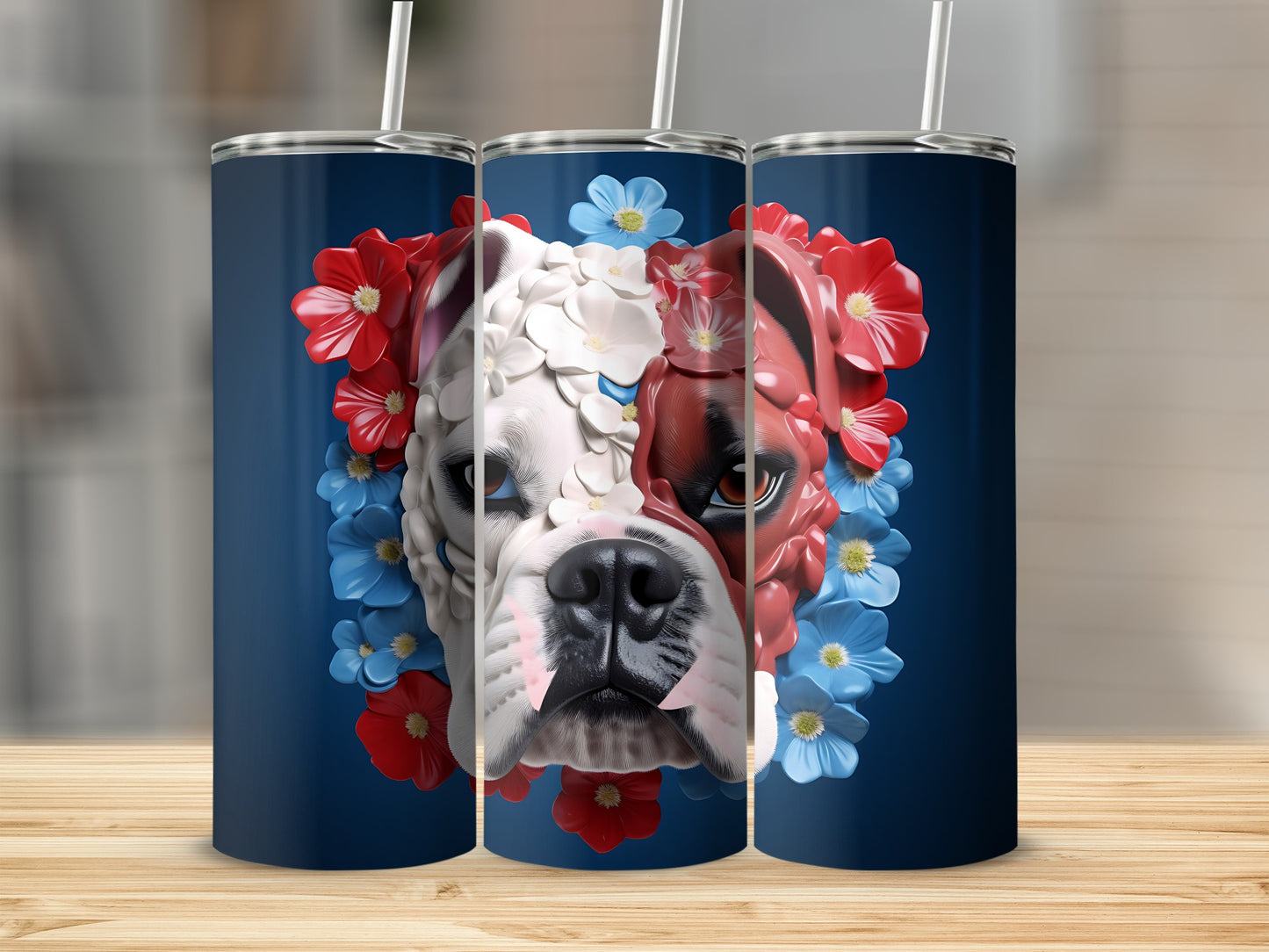 Boxer dog face with patriotic flowers on a blue tumbler.