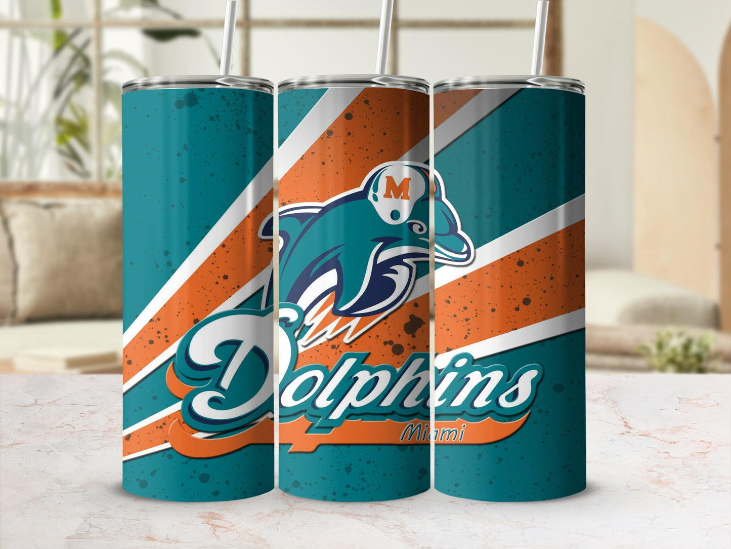 Miami Dolphins logo and name on teal and orange striped tumblers with straws.