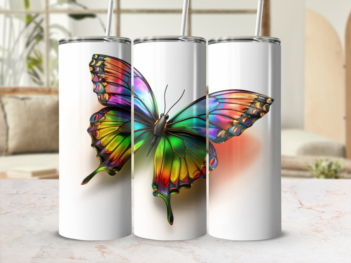 Three white tumblers featuring a vibrant, iridescent butterfly design.