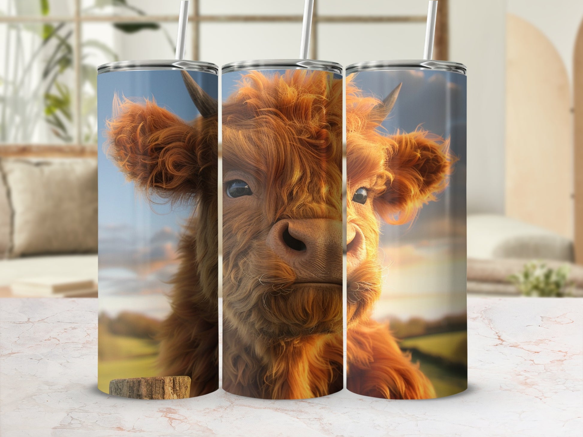 Fluffy Highland cow face on a tumbler, sunny field background.