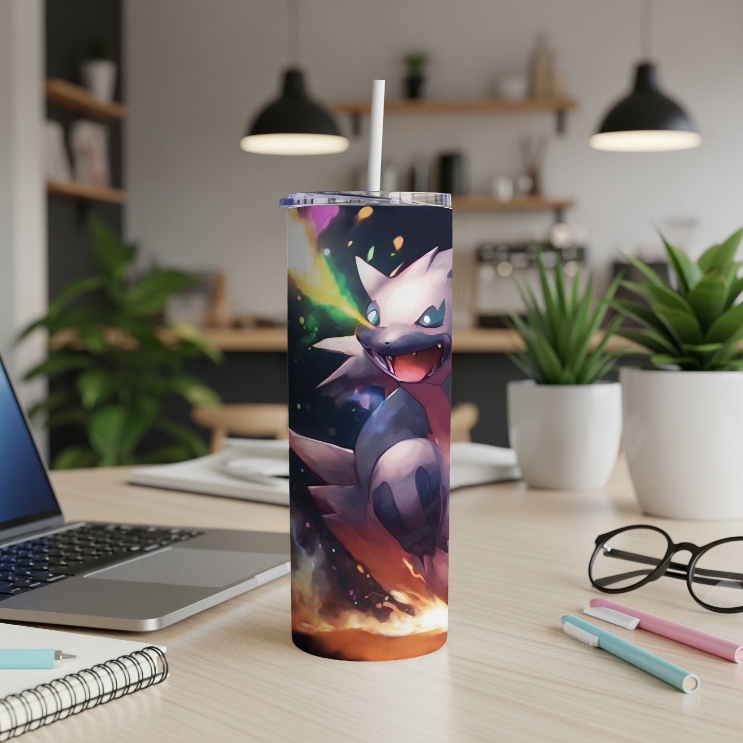 Character with fiery aura on a tall, reusable tumbler with straw.