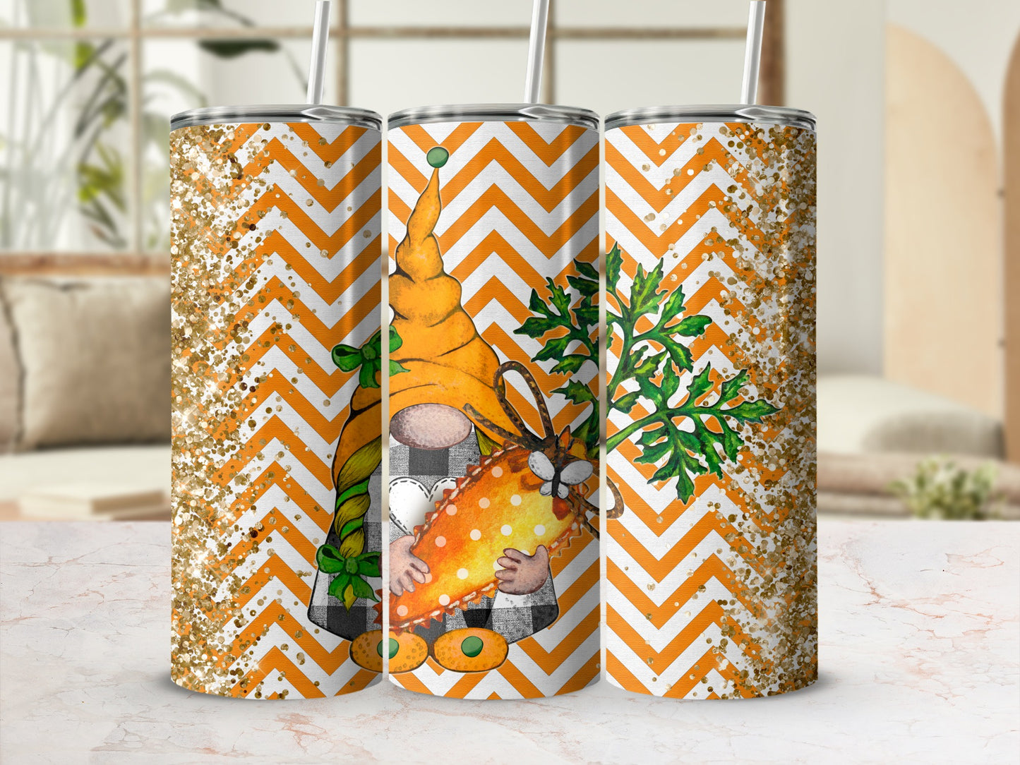 Three gnomes with carrots on chevron pattern tumblers with glitter accents.