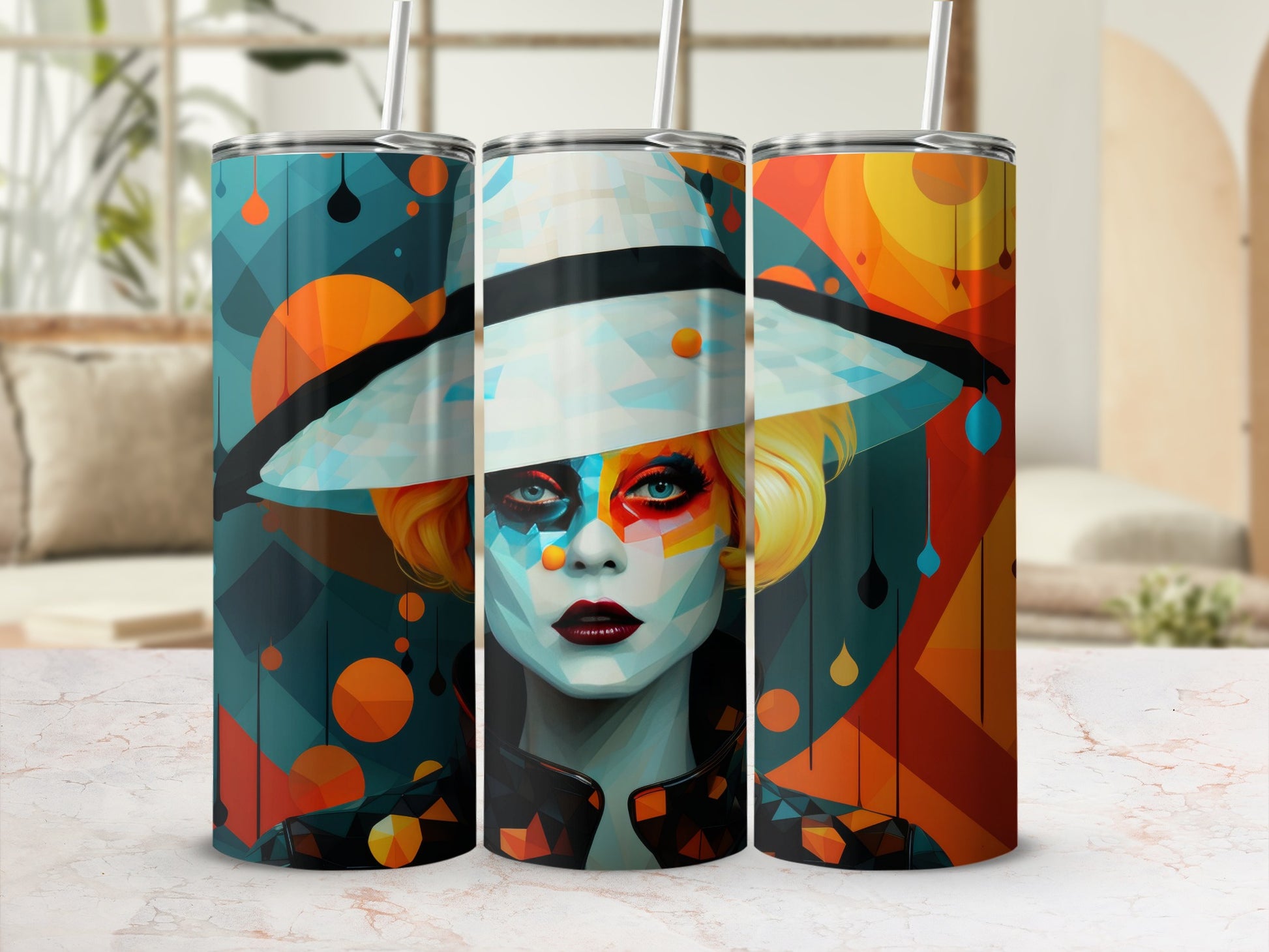 Three tumblers with geometric art of a woman's face and abstract shapes.