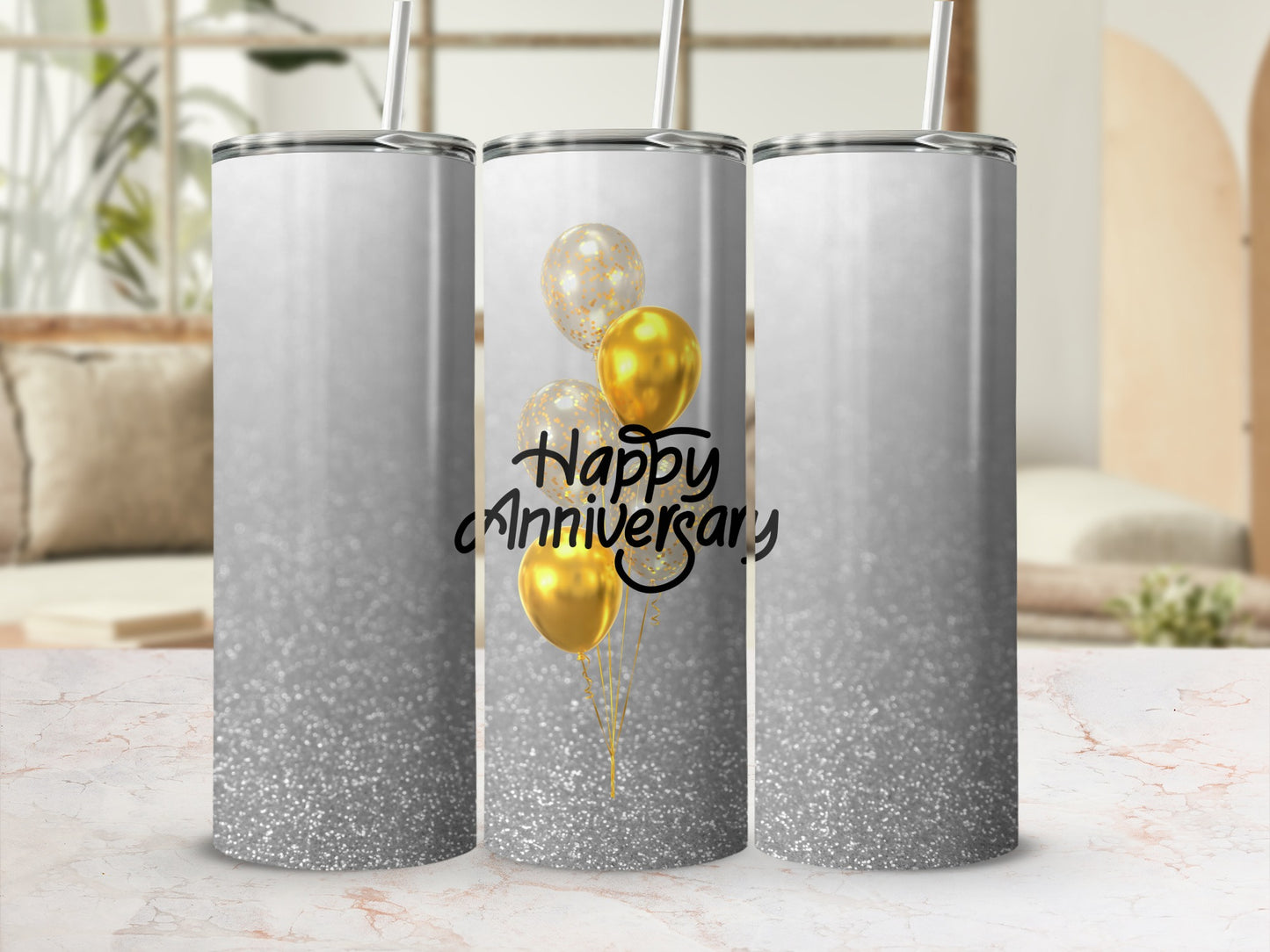 Silver glitter tumbler with "Happy Anniversary" and balloons.