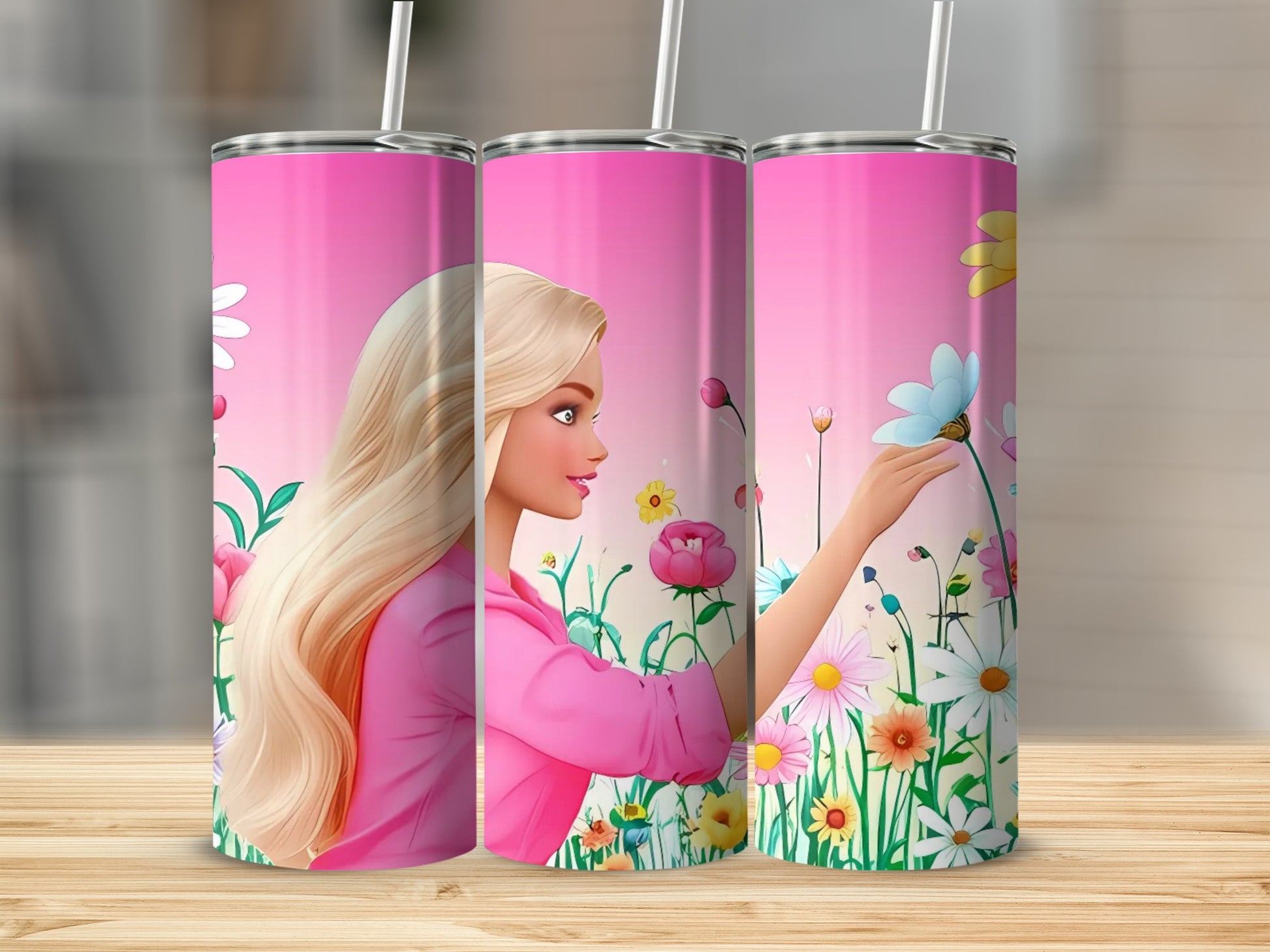 Floral Garden Scene Tumbler with Blonde Hair Graphics