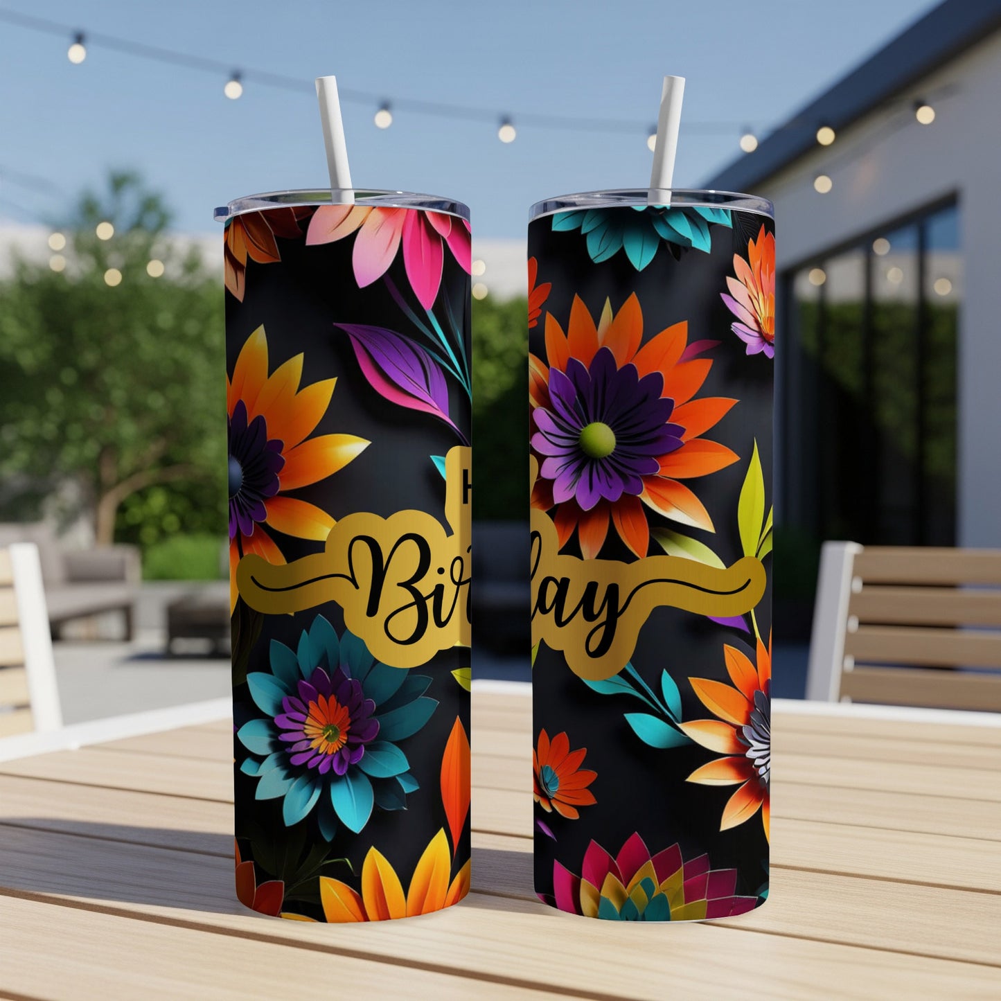 Two black tumblers with vibrant floral designs and "Happy Birthday" text.