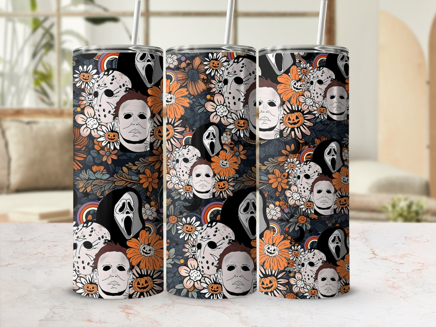 Tumbling tower of Halloween themed tumblers with horror movie characters and floral patterns.