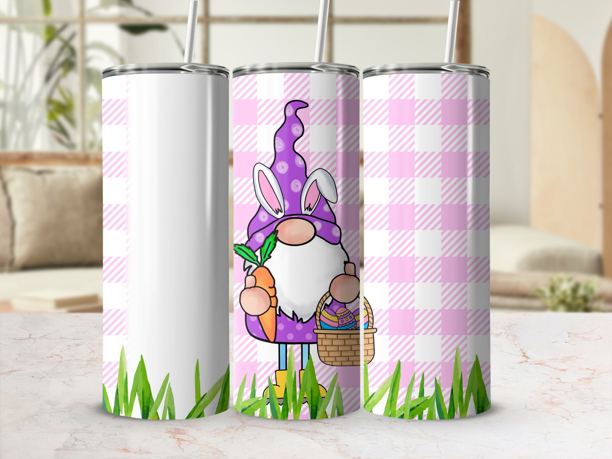 Gnome with bunny ears, carrot, and basket on pink gingham background with grass.