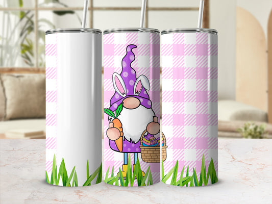 Gnome with bunny ears, carrot, and basket on pink gingham background with grass.
