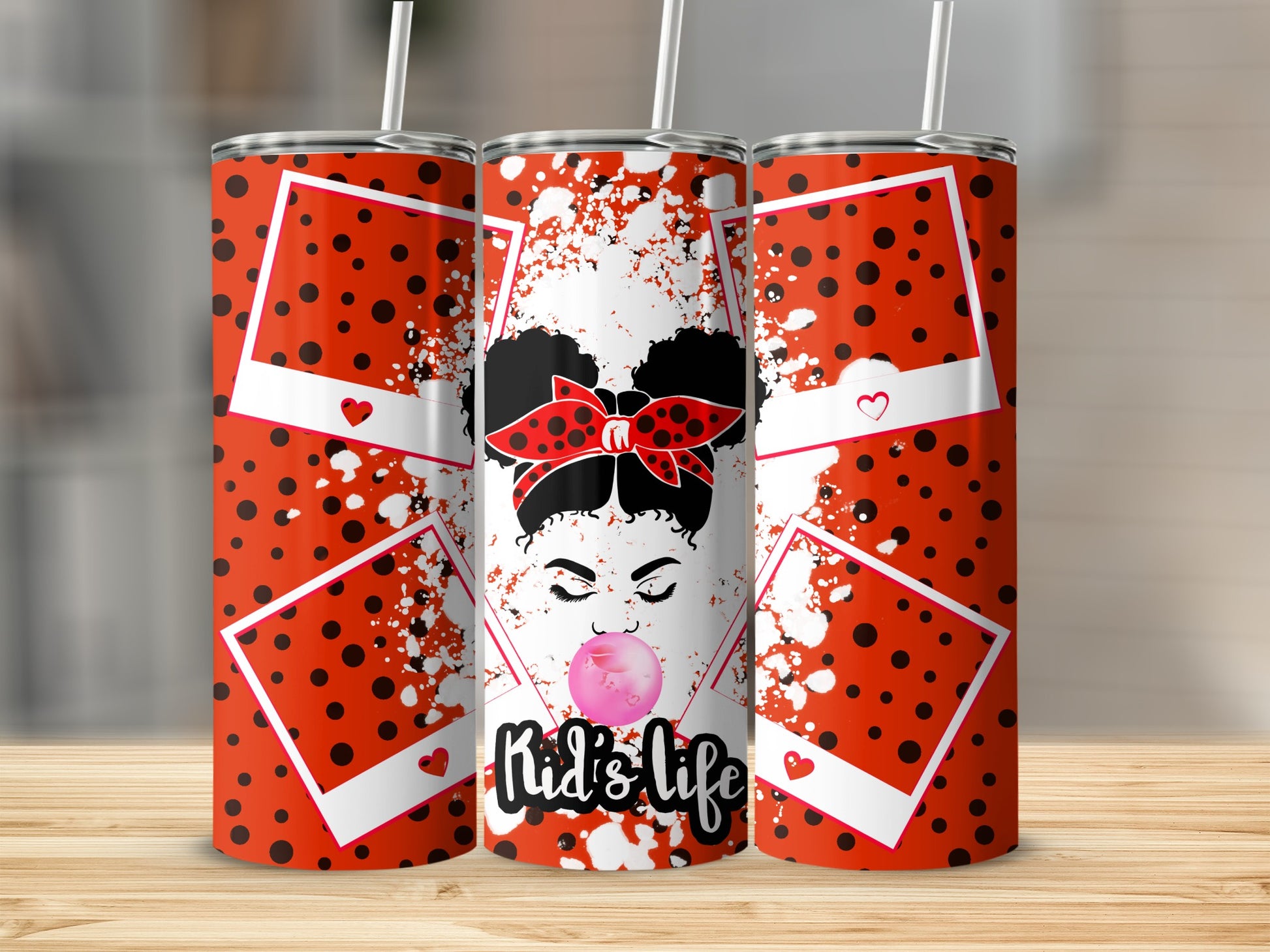Three tumblers with a "Kid's Life" design featuring a girl blowing pink bubblegum.