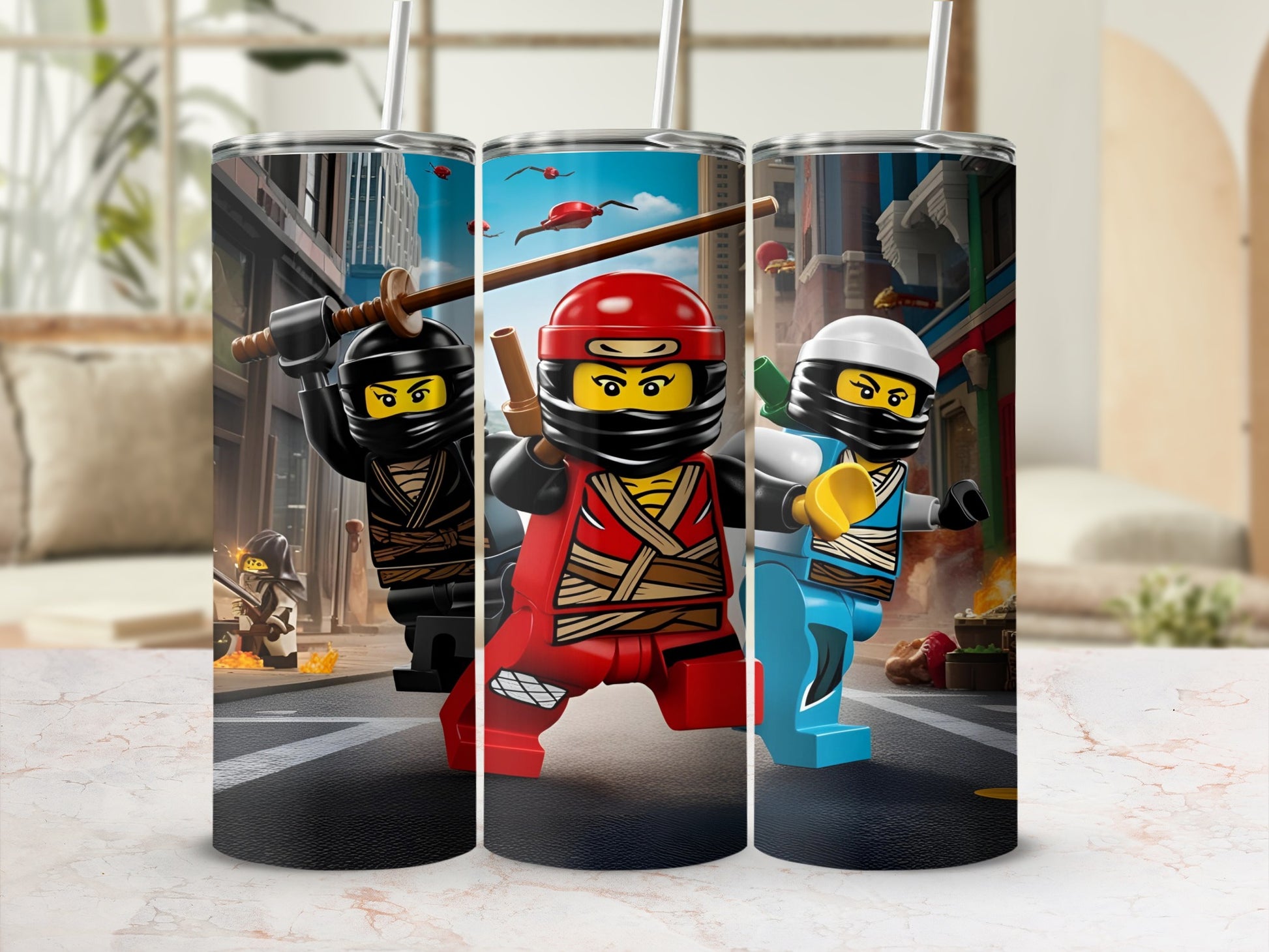 Three Ninjago characters with nunchucks, katanas, and staffs in city street.