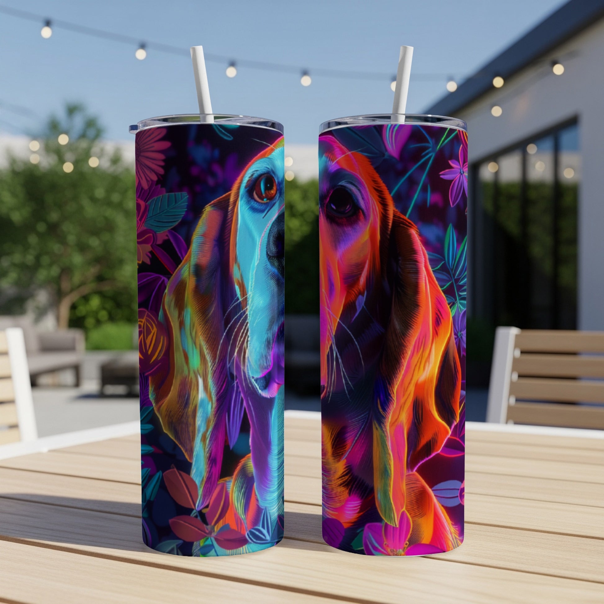 Two tumblers featuring a colorful, abstract basset hound portrait.