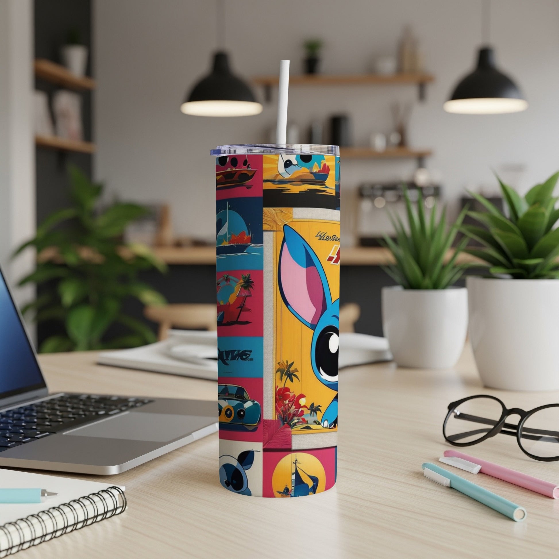 Tall tumbler with Stitch character art, colorful collage of seaside scenes and vehicles.
