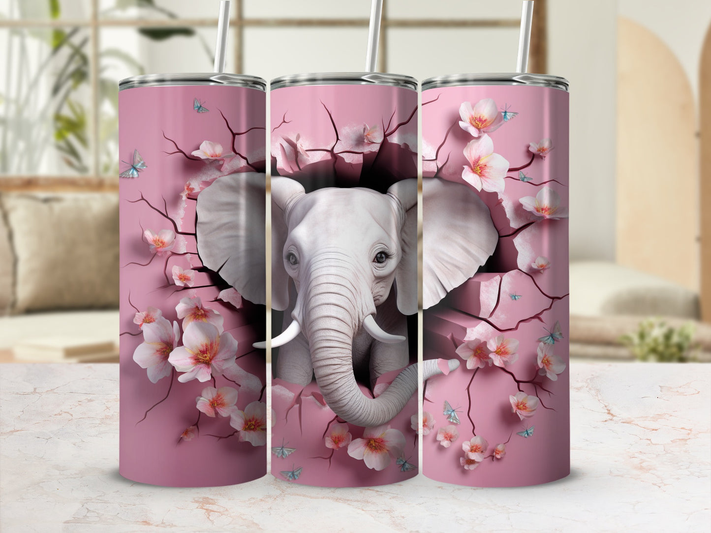 Elephant Breaking Pink Wall Cherry Blossoms Butterflies product type