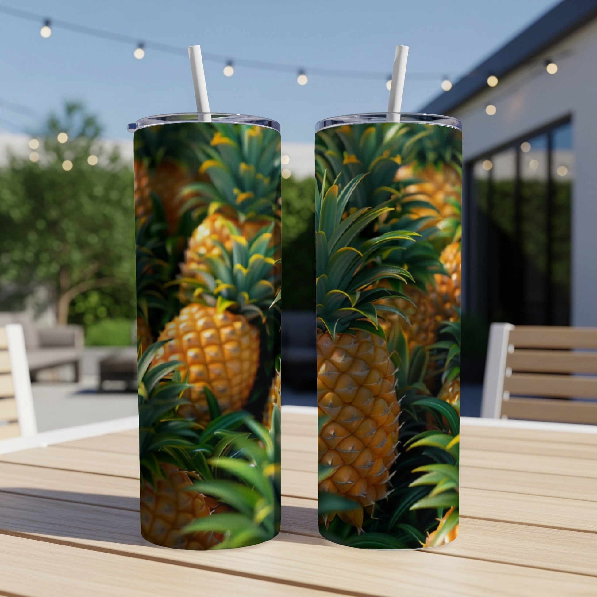 Two tumblers with a tropical pineapple design on a wooden table.