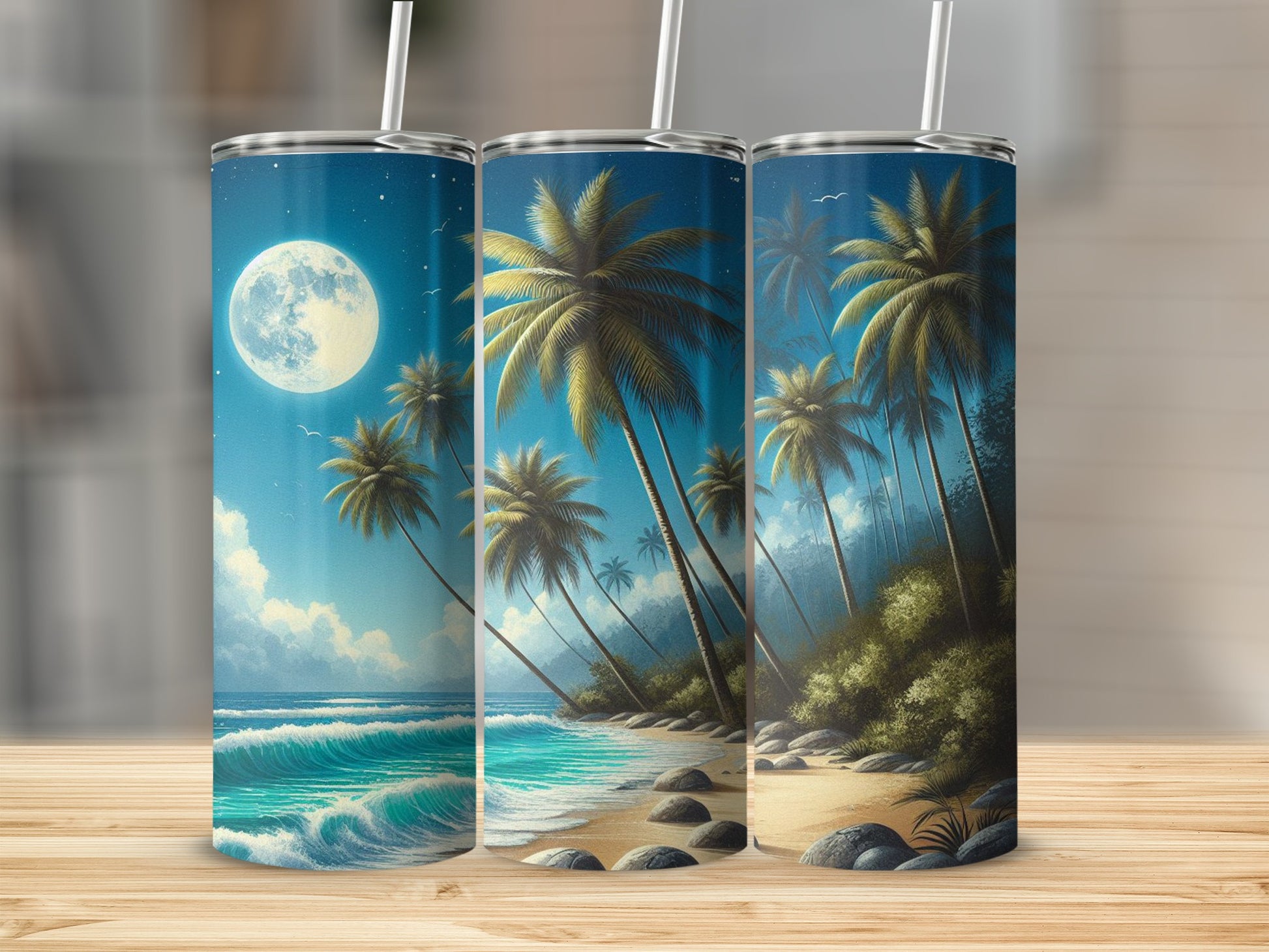 Three tumblers with a tropical beach scene and full moon.