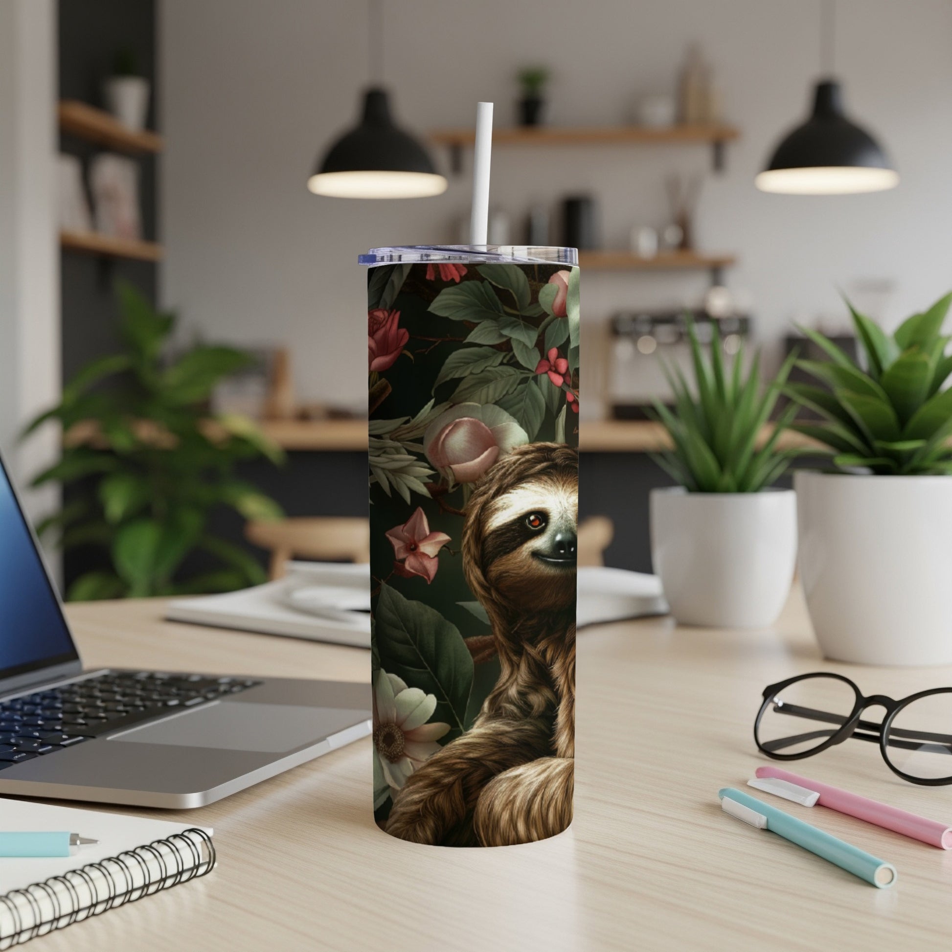 Tall tumbler with a sloth and floral pattern, straw inserted.