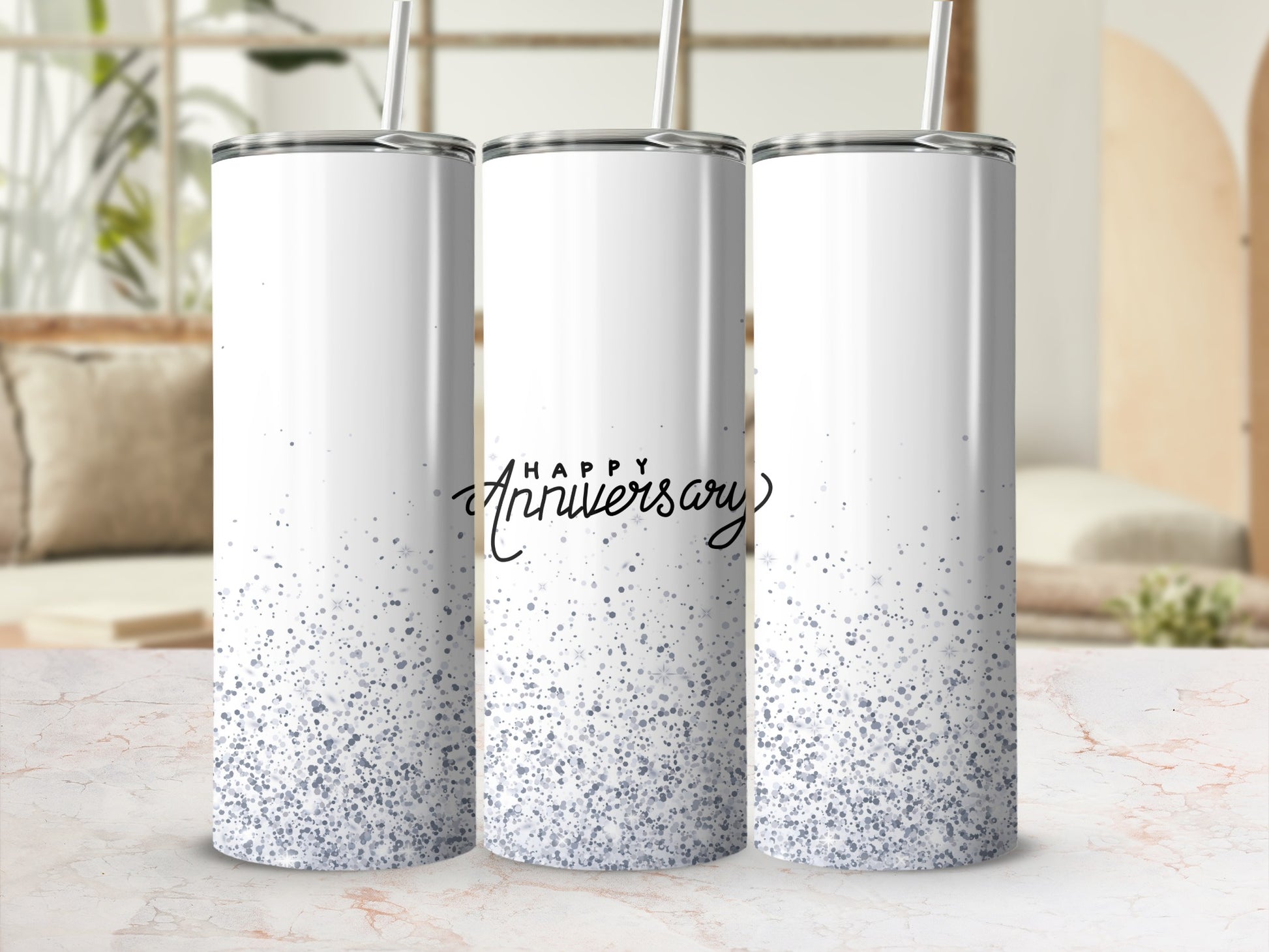 Three white tumblers with a gray glitter gradient and "Happy Anniversary" text.