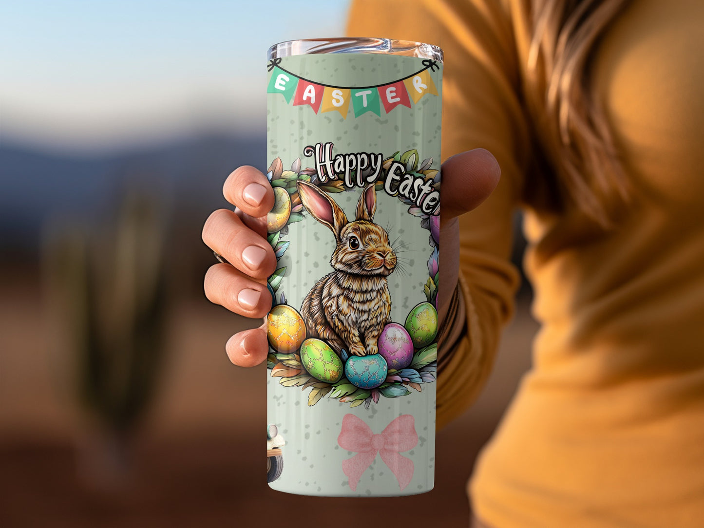 Happy Easter Bunny and Eggs Design Travel Mug