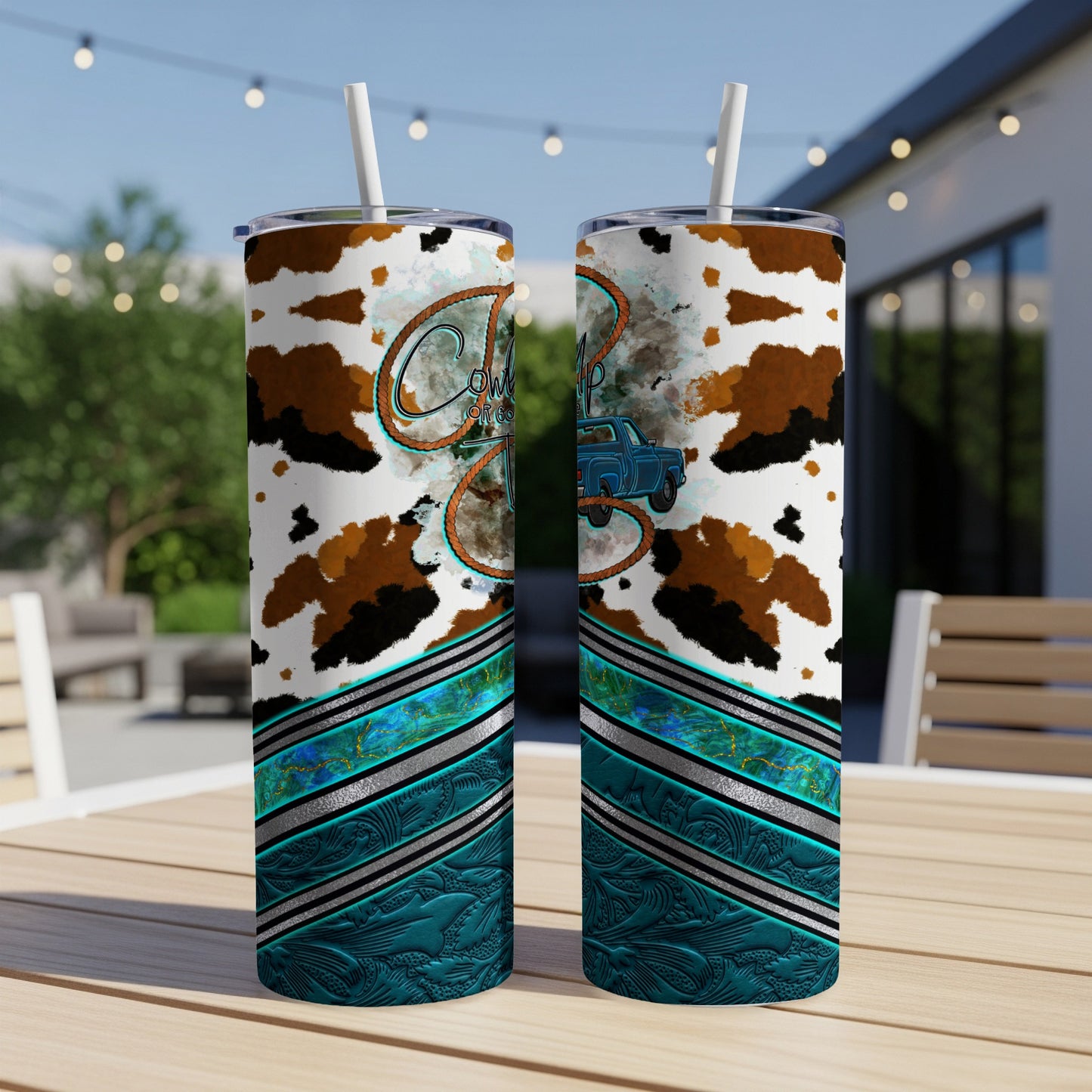 Cowboy boots and truck design on two blue and teal patterned tumblers.